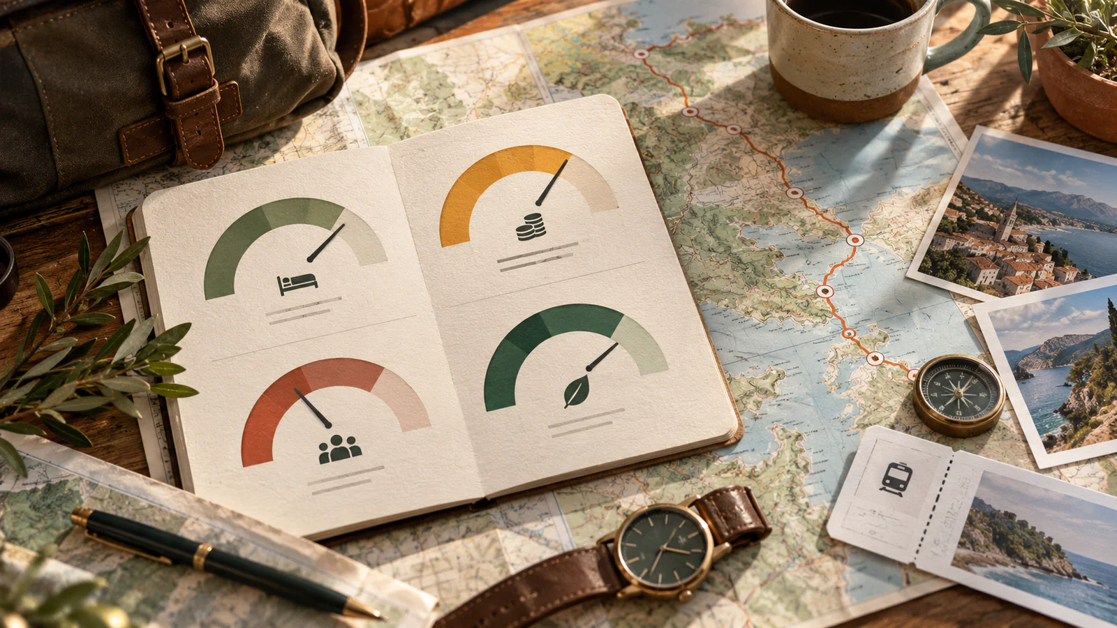 A travel plan sits beside four analog gauges for different planning dimensions