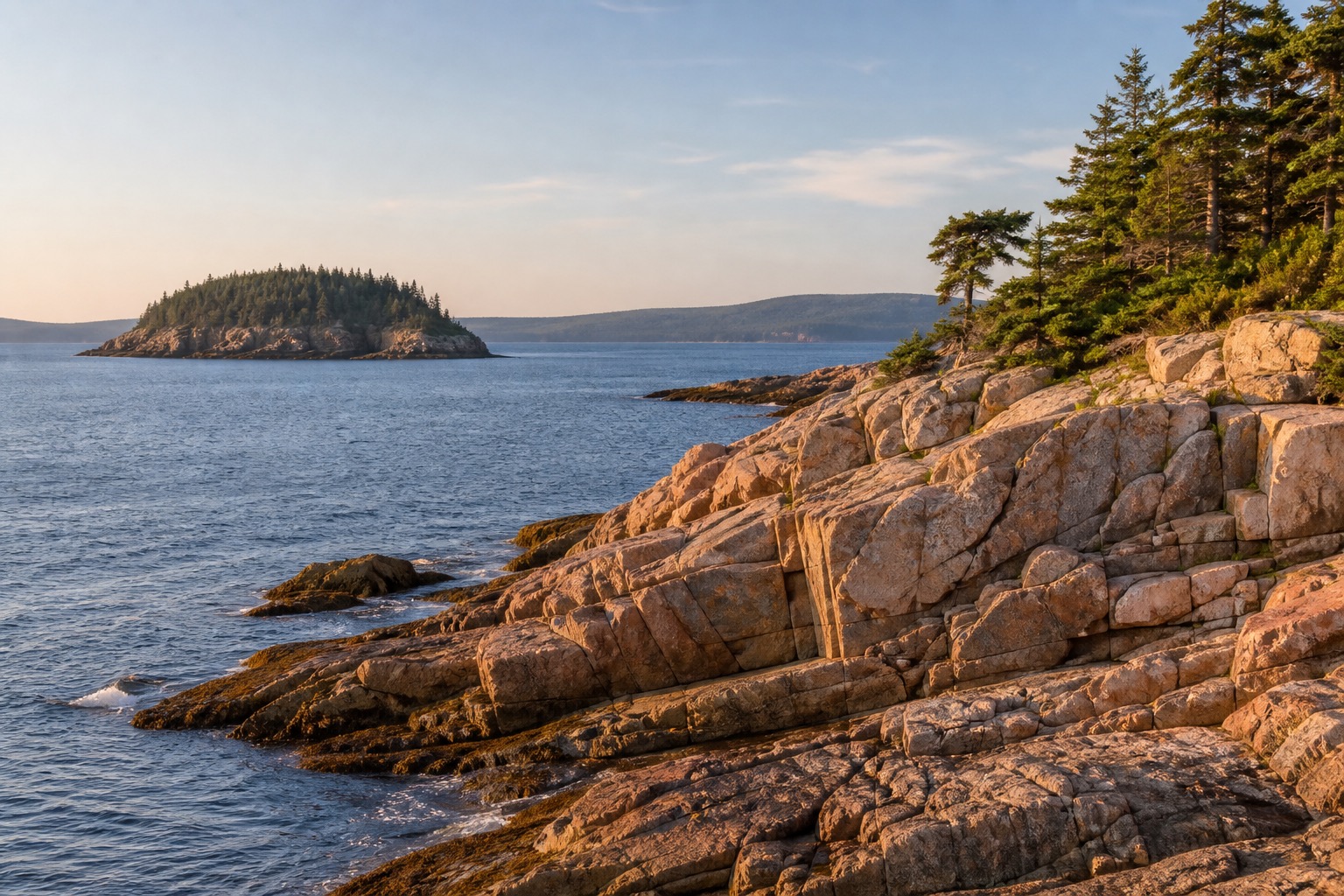 Acadia granite coast and evergreen islands in crisp Maine morning light
