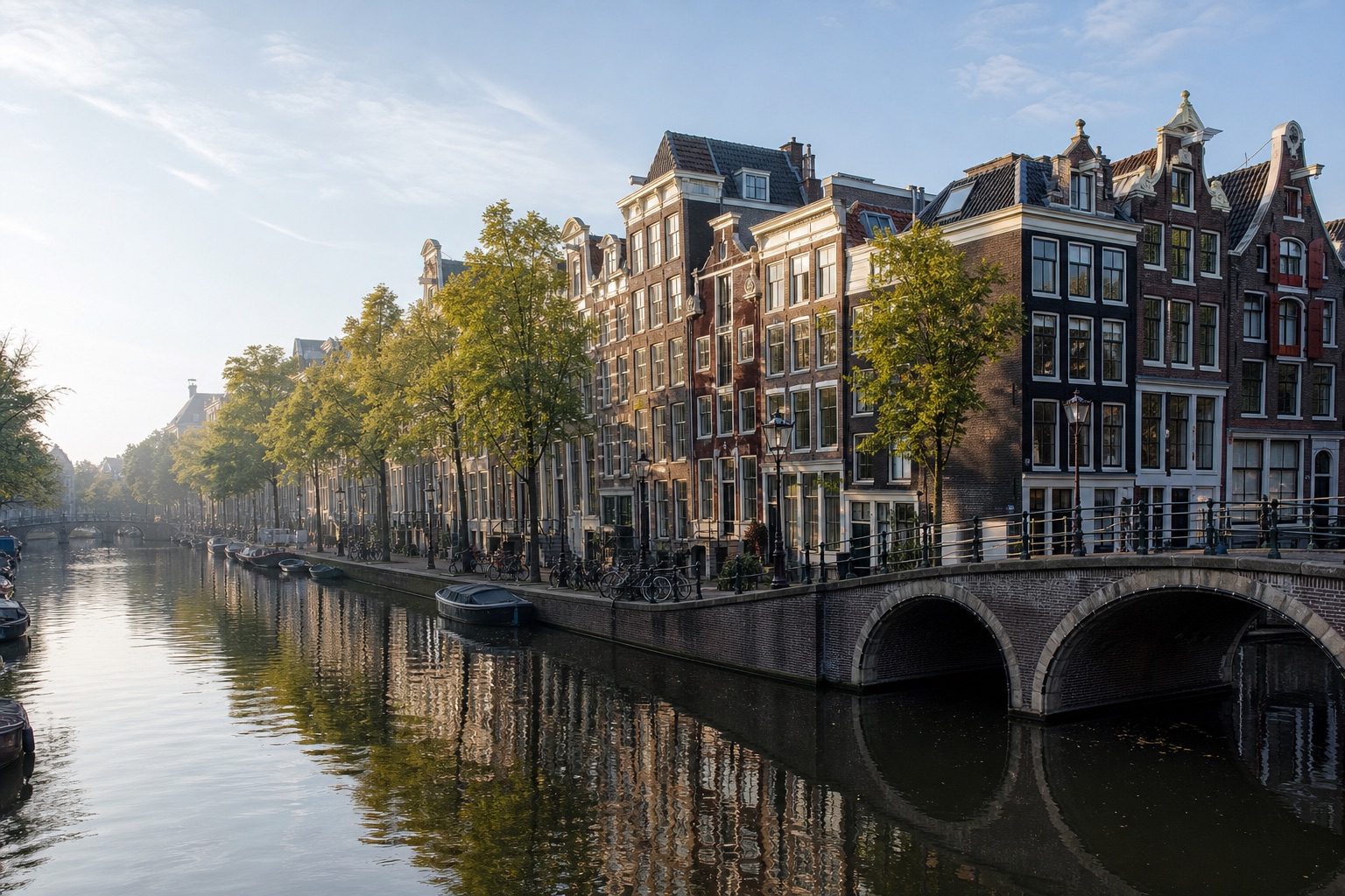 Historic Amsterdam canal houses, an arched bridge, and calm water in morning light