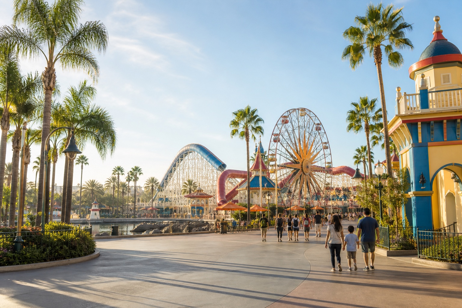 Palm-lined Anaheim resort promenade with a Ferris wheel and roller coaster in morning light