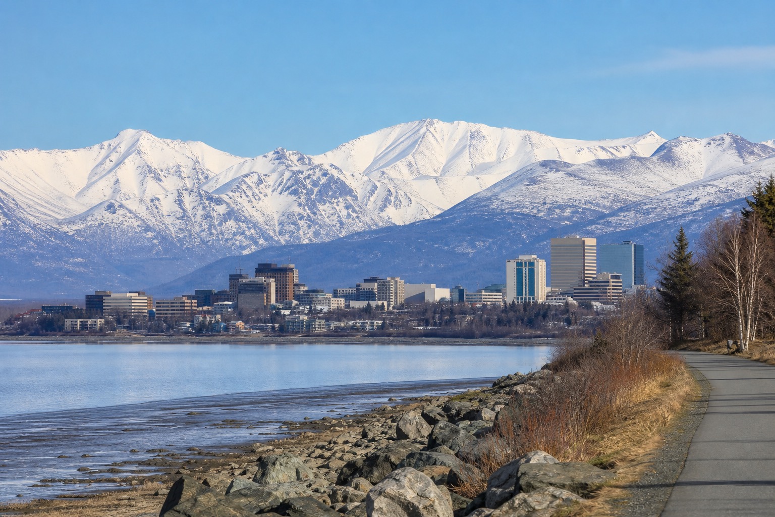 Anchorage skyline and Cook Inlet coastal trail with the Chugach Mountains beyond