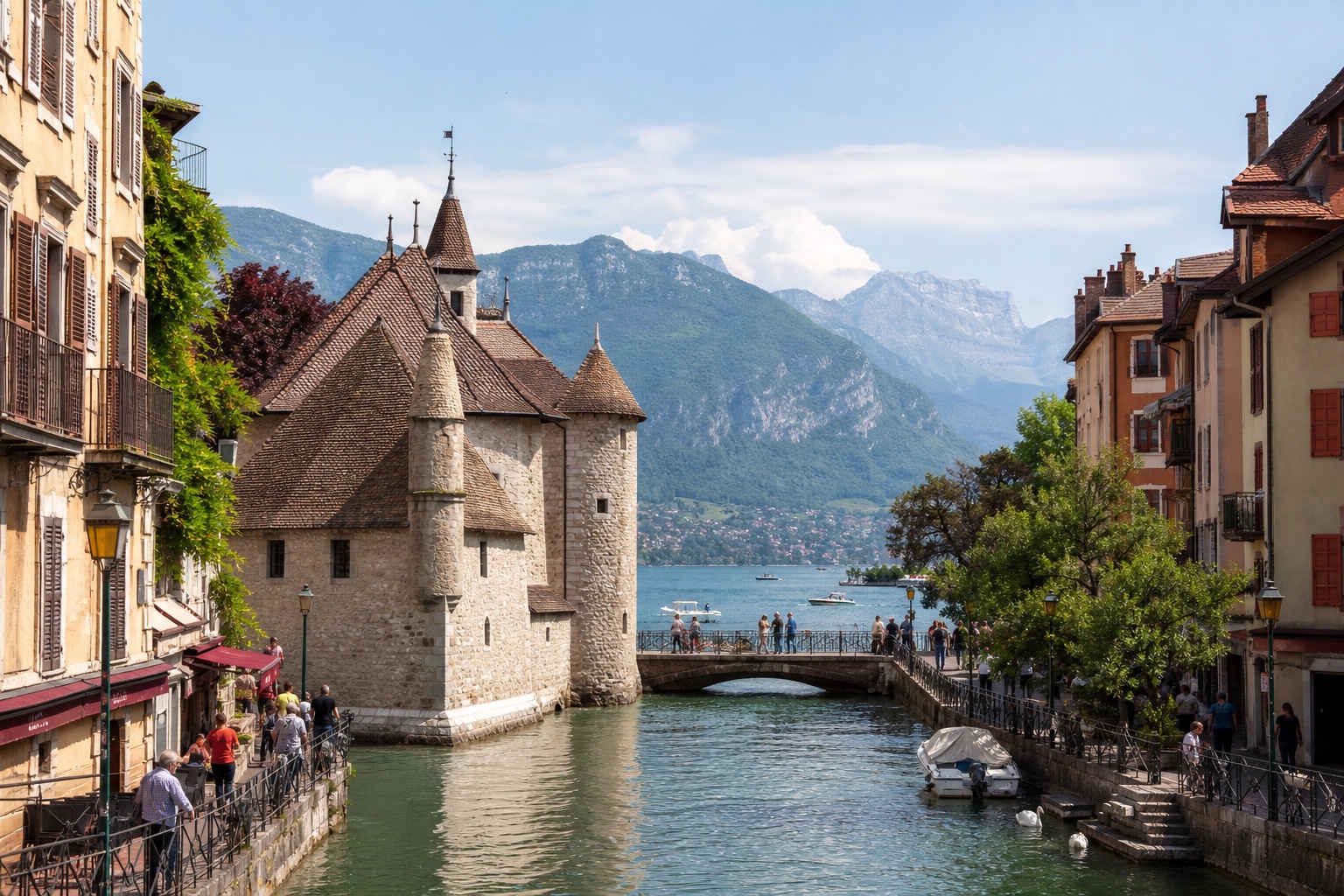 Annecy's canal-side old town opening toward the clear lake and French Alpine peaks
