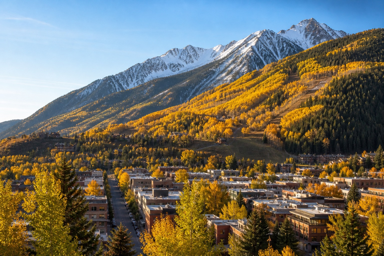 Aspen town and golden mountain slopes beneath clear Colorado peaks