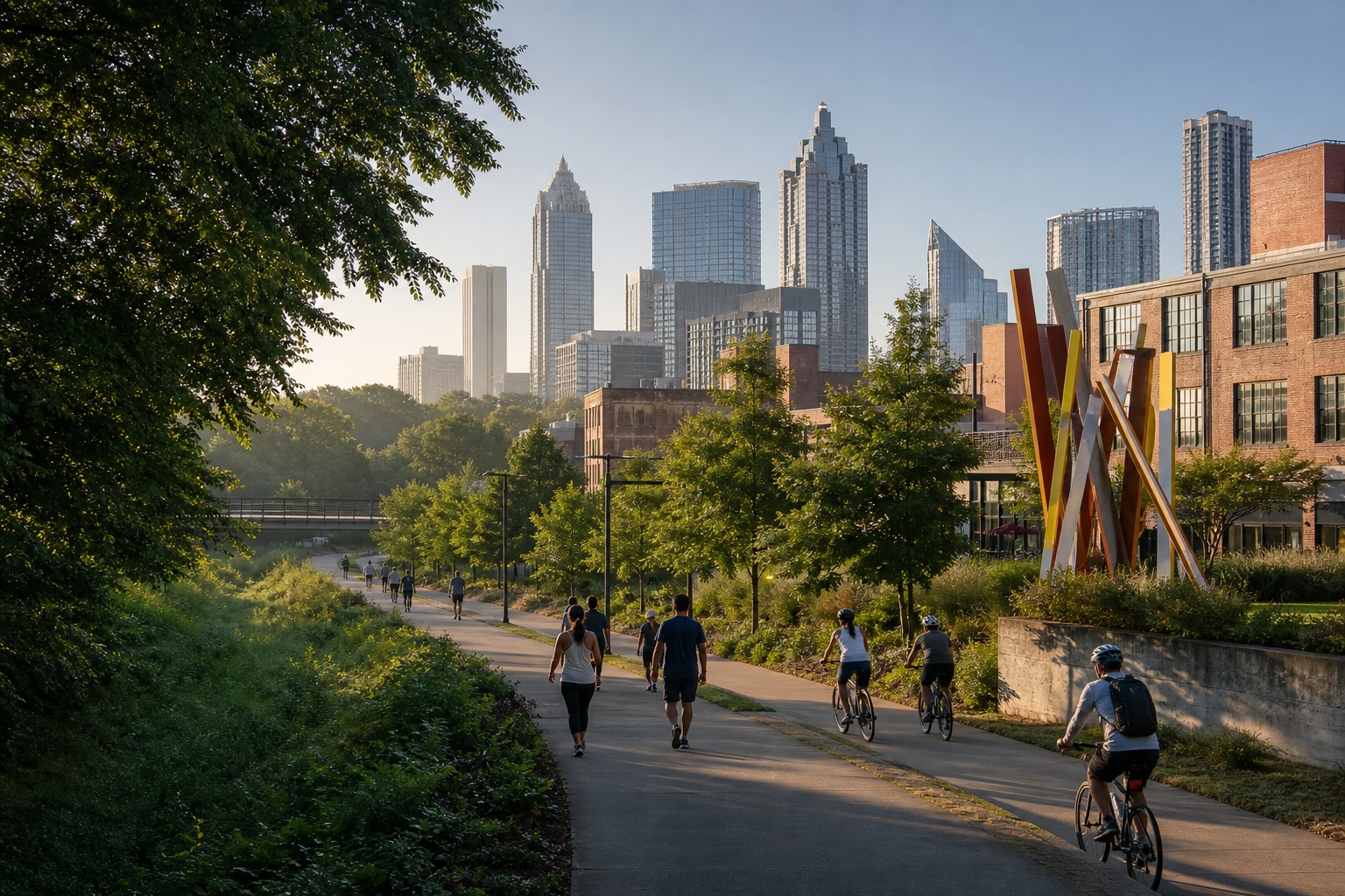 Walkers and cyclists on Atlanta's leafy BeltLine with brick buildings and the skyline beyond