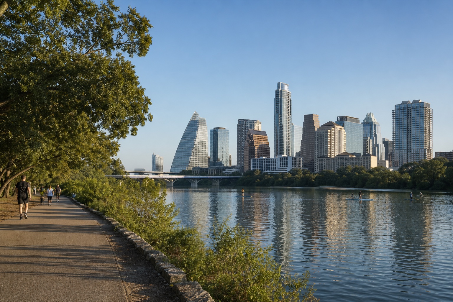 Austin's downtown skyline across Lady Bird Lake with the waterfront trail and morning paddlers