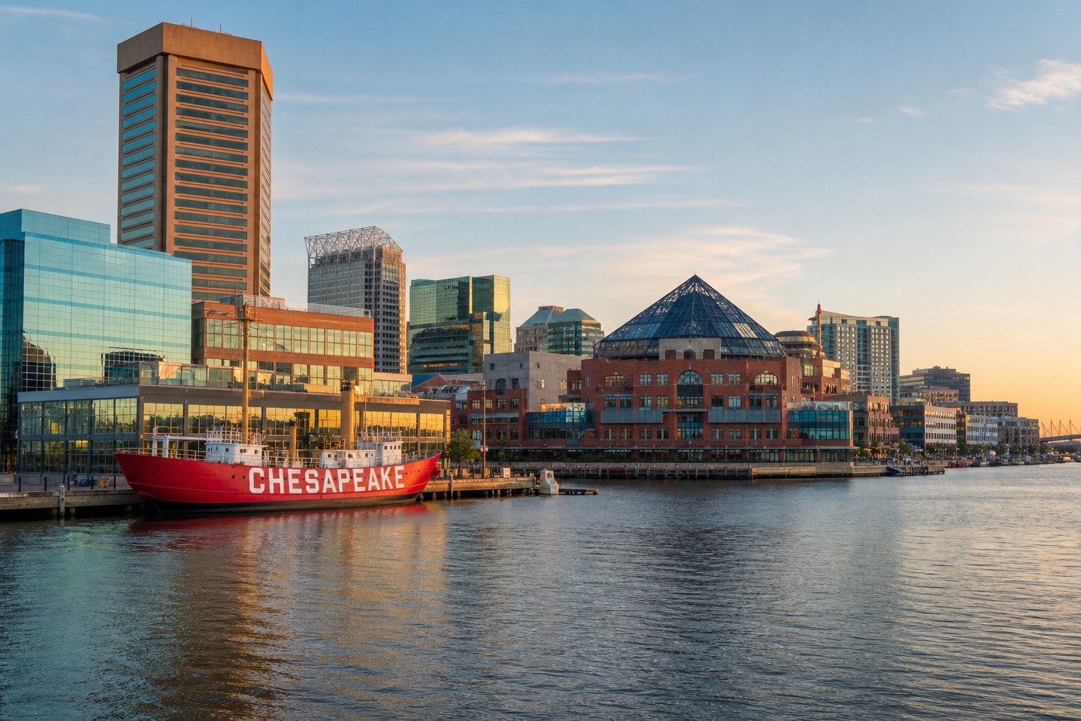 Baltimore Inner Harbor and historic waterfront neighborhoods in clear morning light