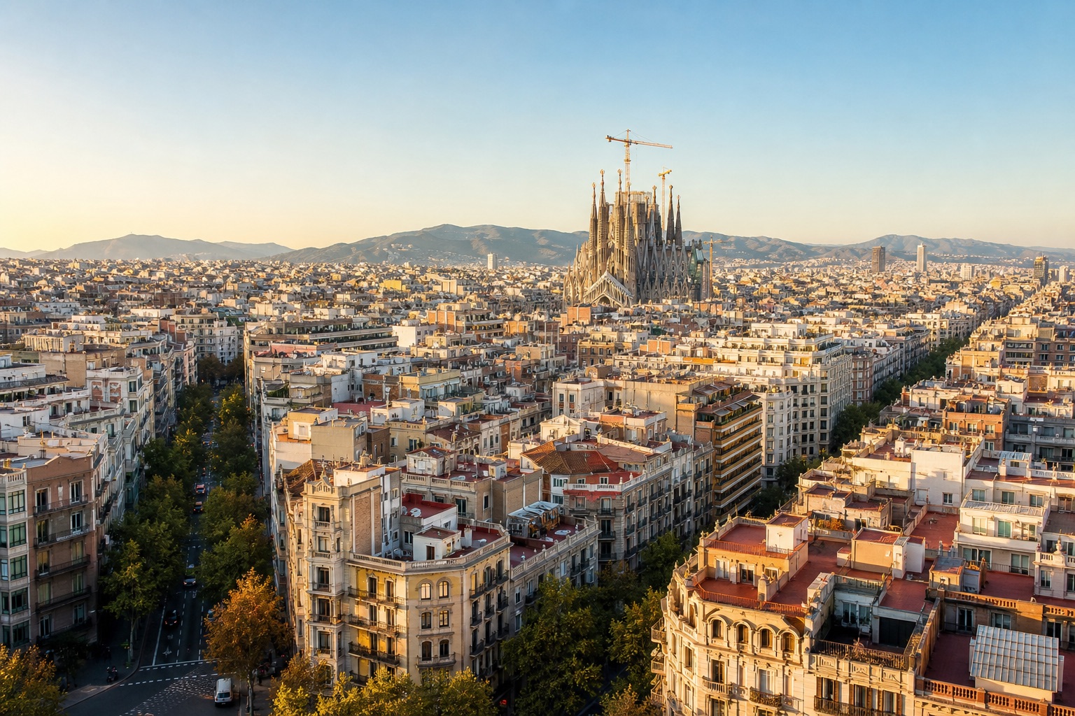Barcelona rooftops and the Eixample with the Sagrada Familia in morning light