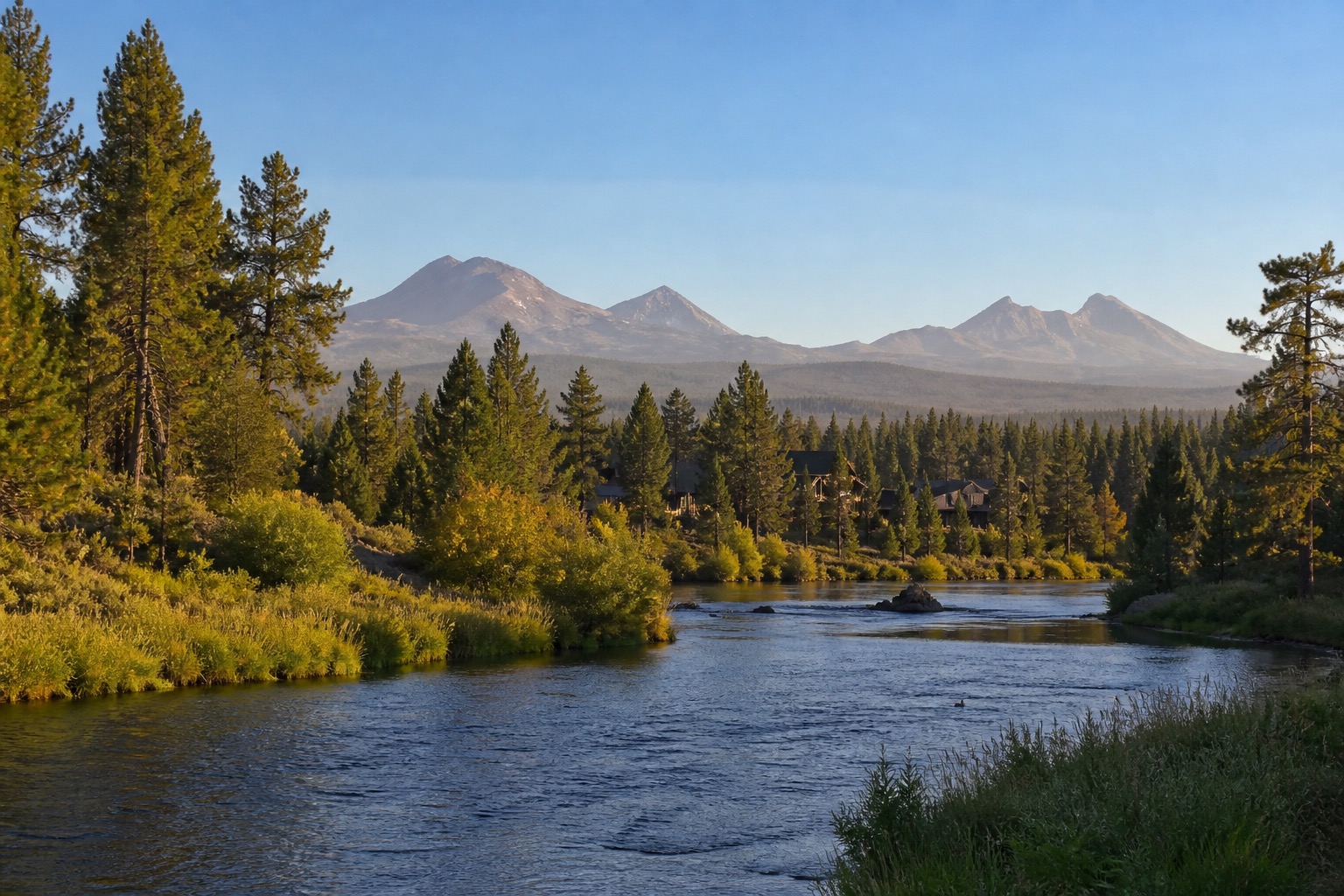 Bend's Deschutes River with pine forest and Cascade peaks in clear morning light