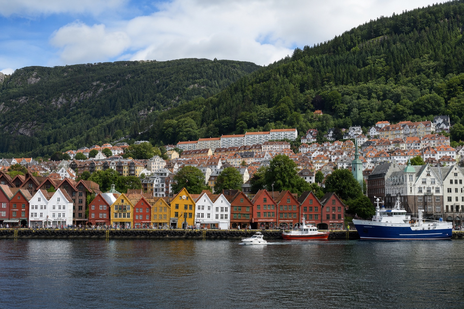 Bergen's colorful Bryggen wharf, working harbor, city, and green mountain slopes