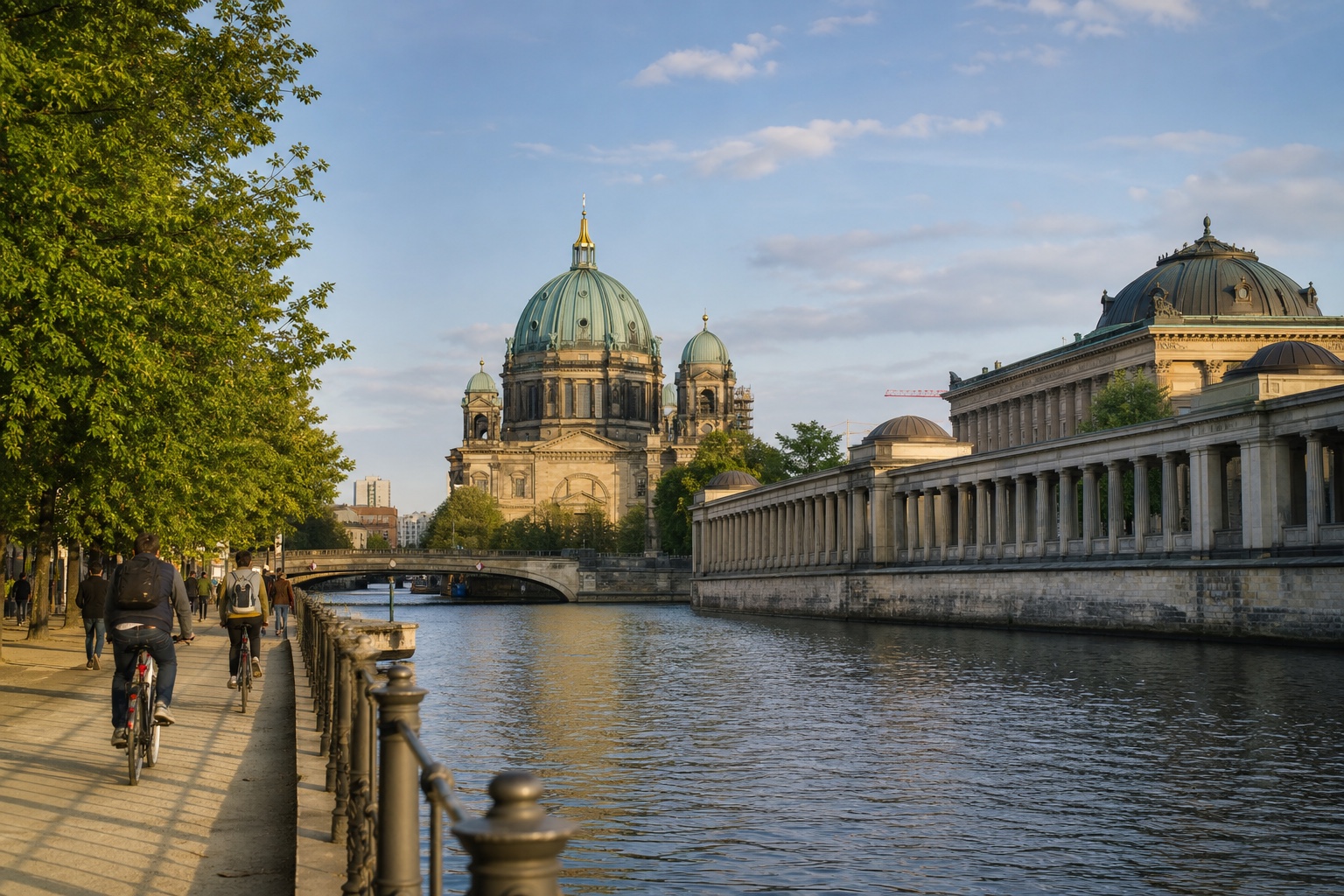 Cyclists following the Spree beside Museum Island and Berlin Cathedral