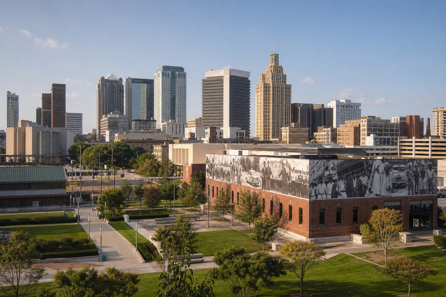 Birmingham skyline and historic civil rights district in clear, respectful natural light