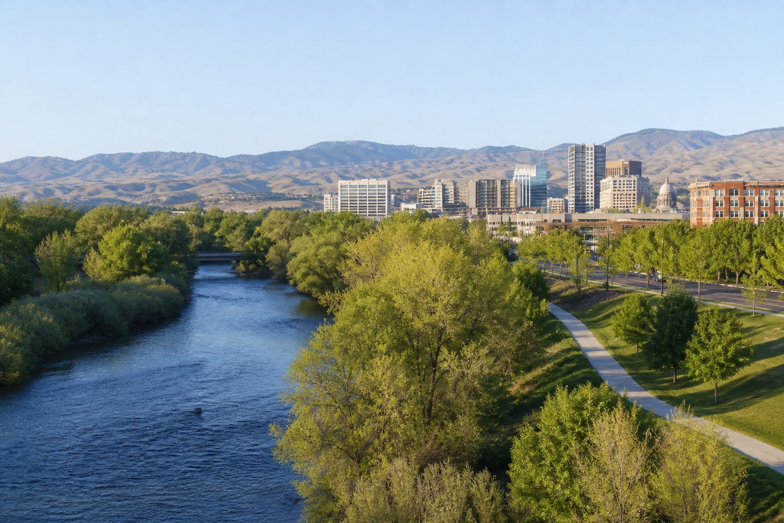Boise Greenbelt beside the river with downtown and foothills under clear morning light