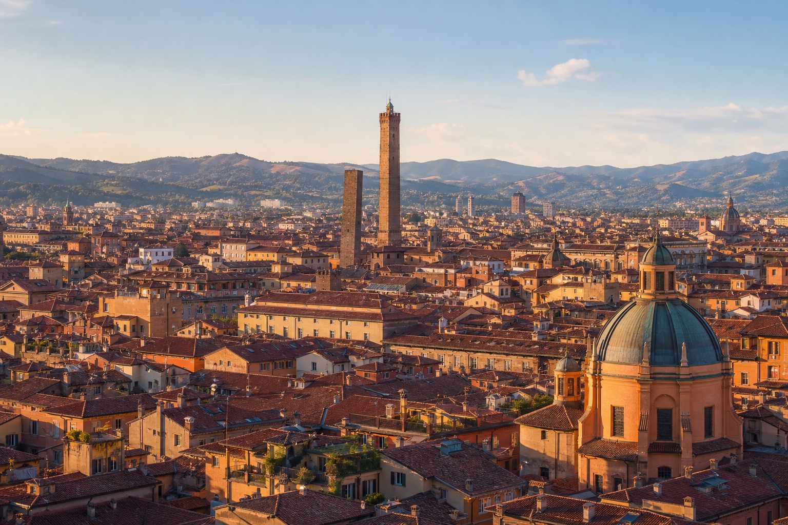 Bologna's red rooftops, Two Towers, porticoes, and Apennine horizon in warm morning light