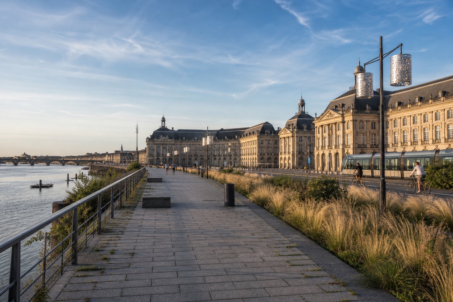 Bordeaux's Place de la Bourse and water mirror beside the Garonne in clear evening light