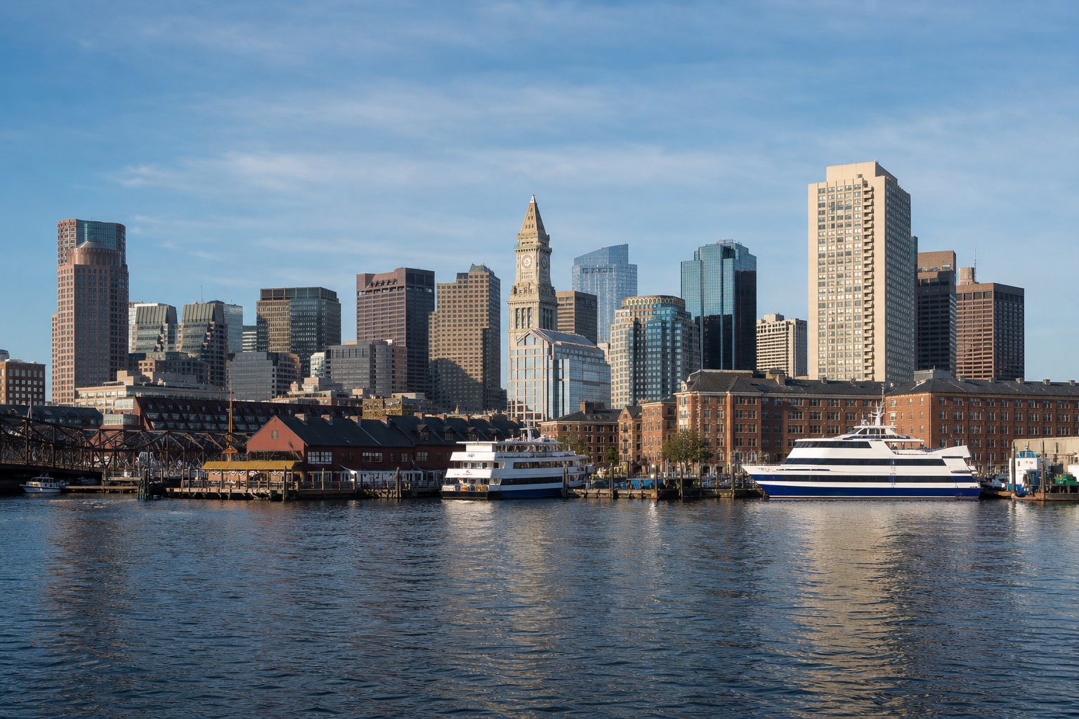 Boston Harbor with ferries, historic waterfront buildings, the Custom House Tower and the downtown skyline