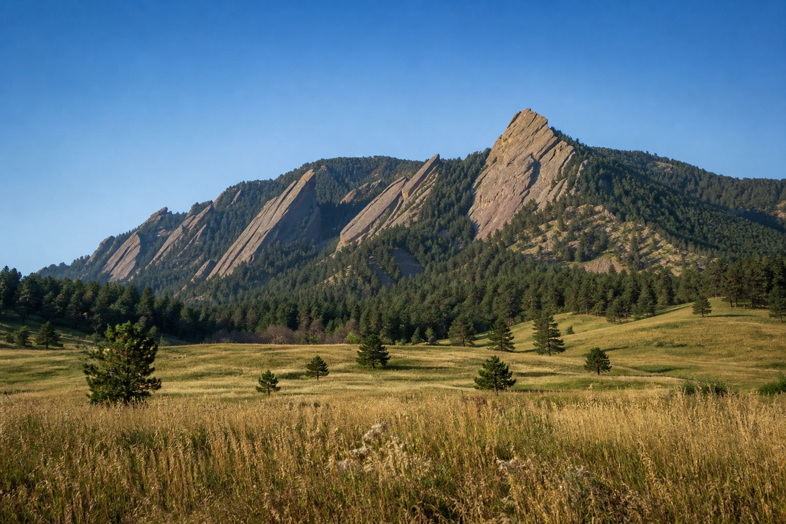Boulder's Flatirons above Chautauqua meadow in clear Colorado morning light