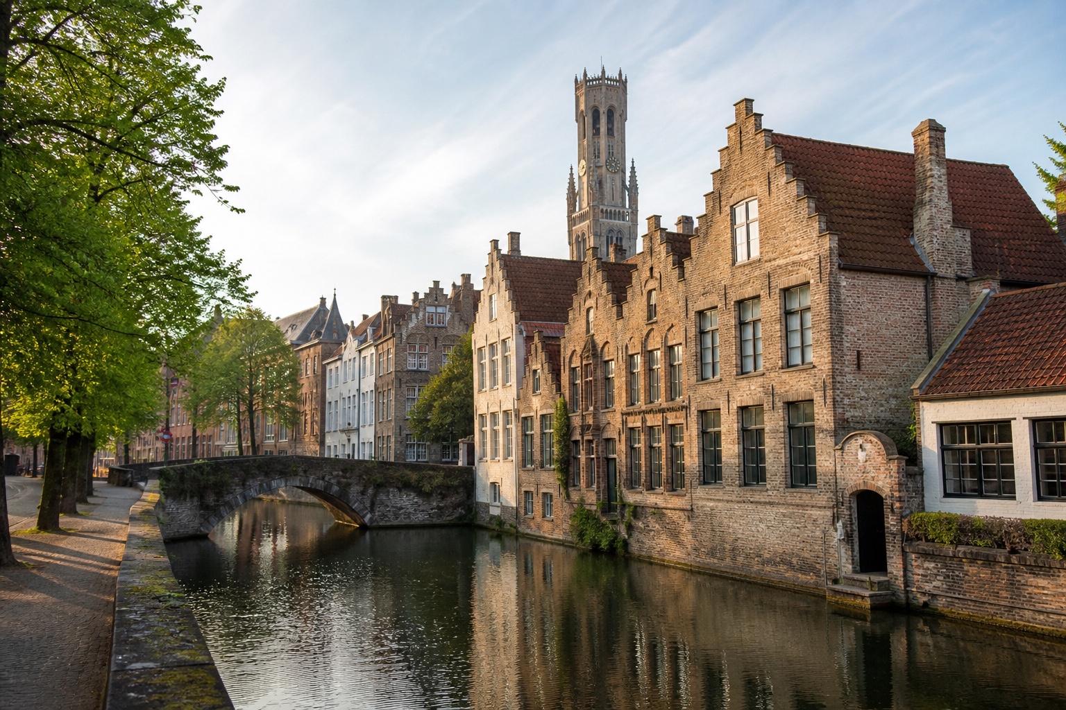 Bruges canal, stepped-gable houses, Belfry, and stone bridges in quiet morning light
