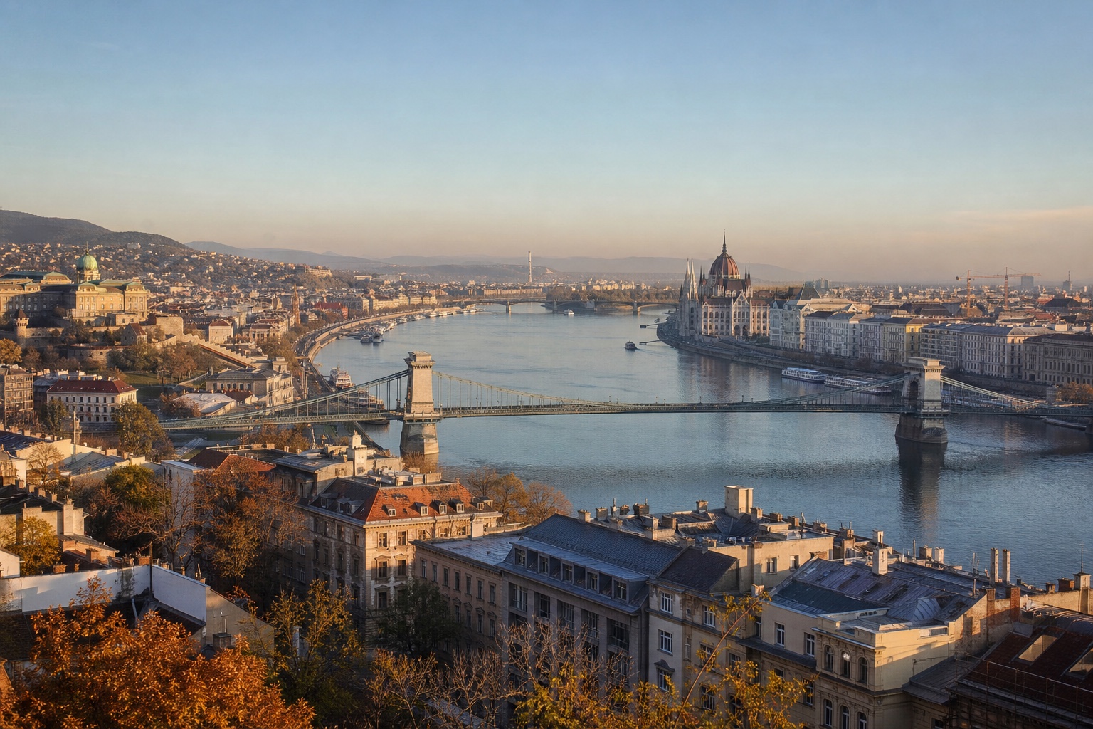 The Danube, Chain Bridge, Parliament, and Buda Castle in clear morning light