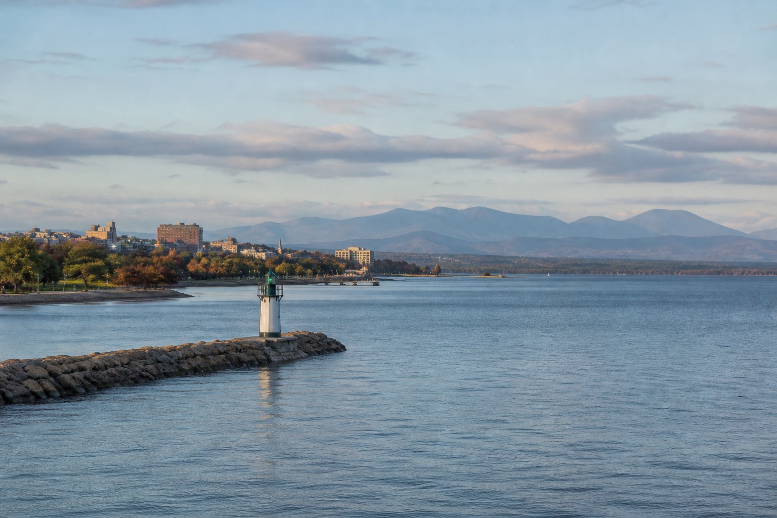 Burlington waterfront on Lake Champlain with the Adirondacks across the water