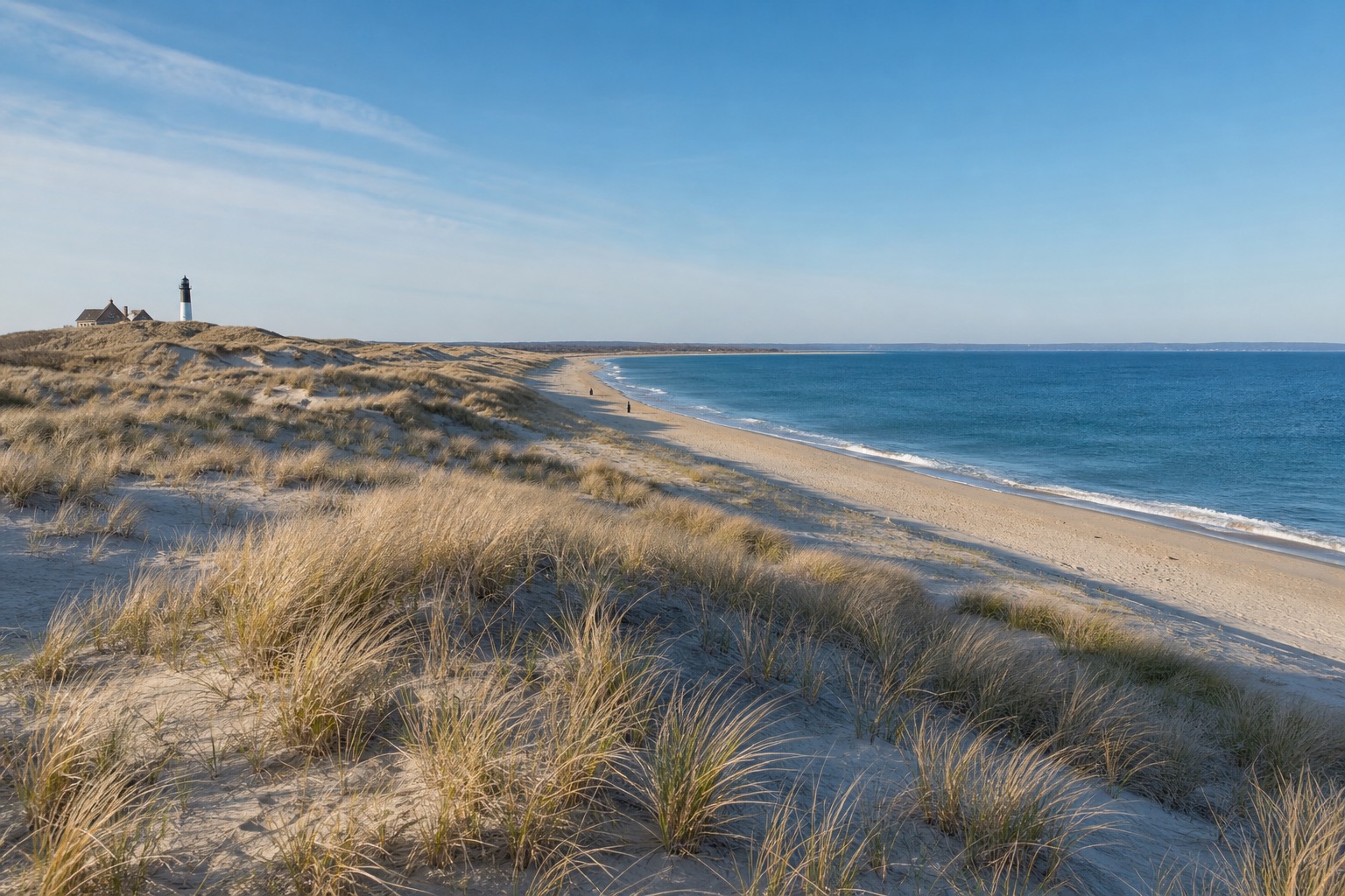 Cape Cod National Seashore dunes, broad beach and weathered coastal grass in morning light