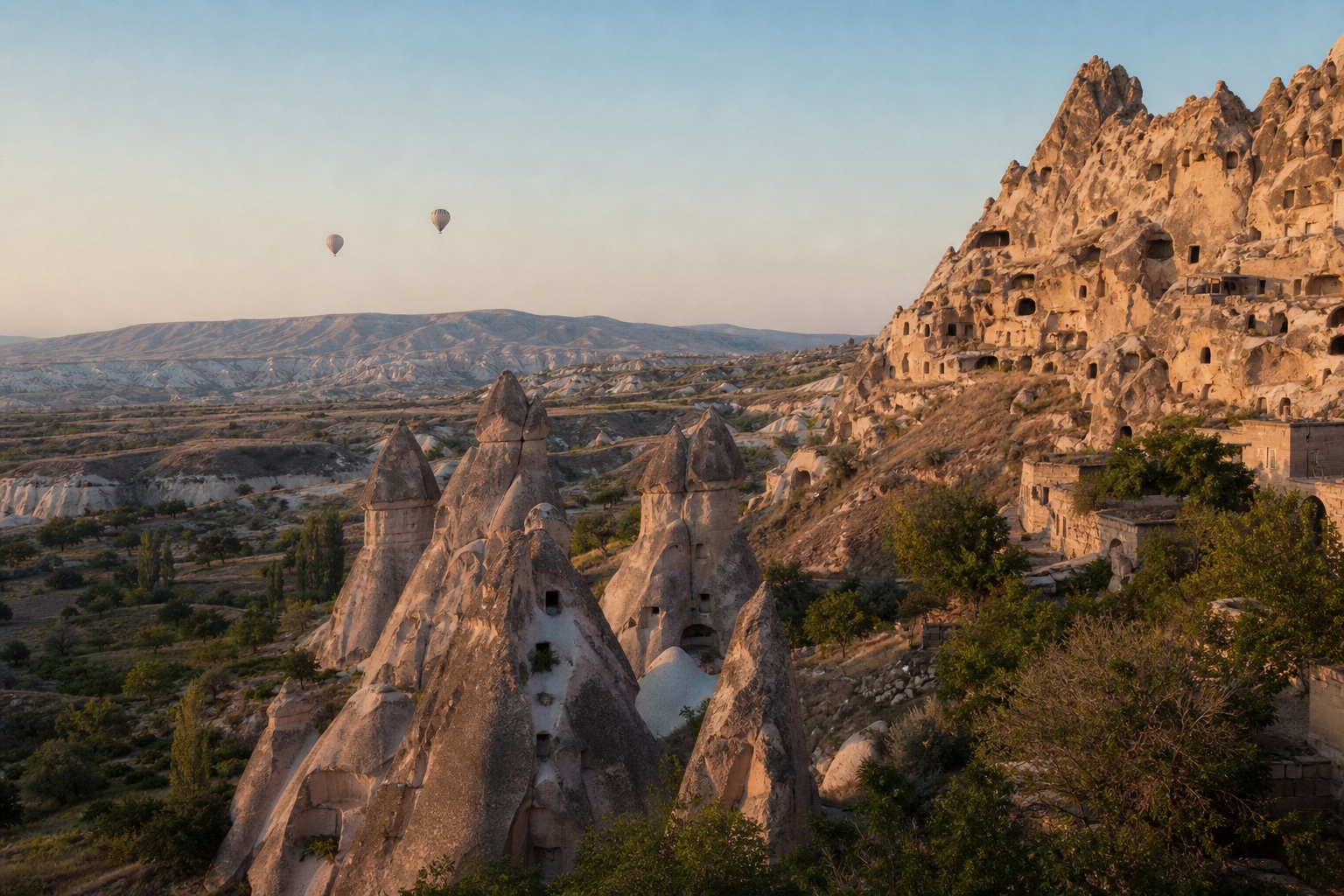 Cappadocia valleys, fairy chimneys, cave dwellings, and distant balloons in soft morning light