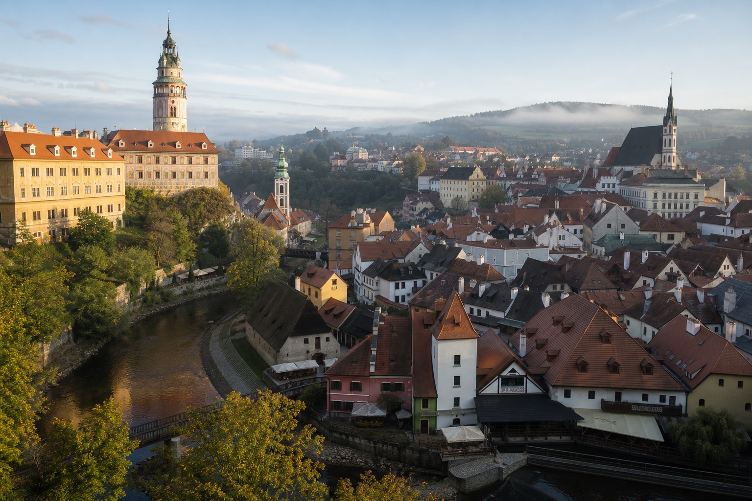 Český Krumlov castle, red-roofed old town, and the curving Vltava in early morning light