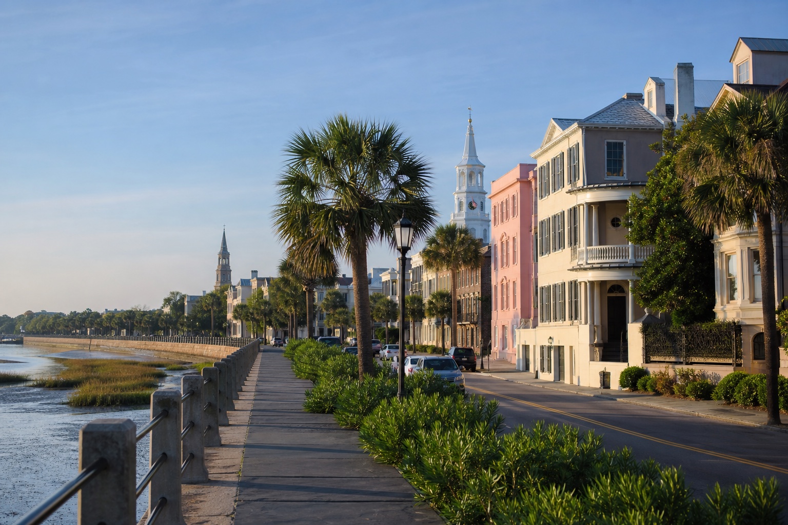 Charleston's historic waterfront with pastel houses, palmettos, church steeples and the harbor edge