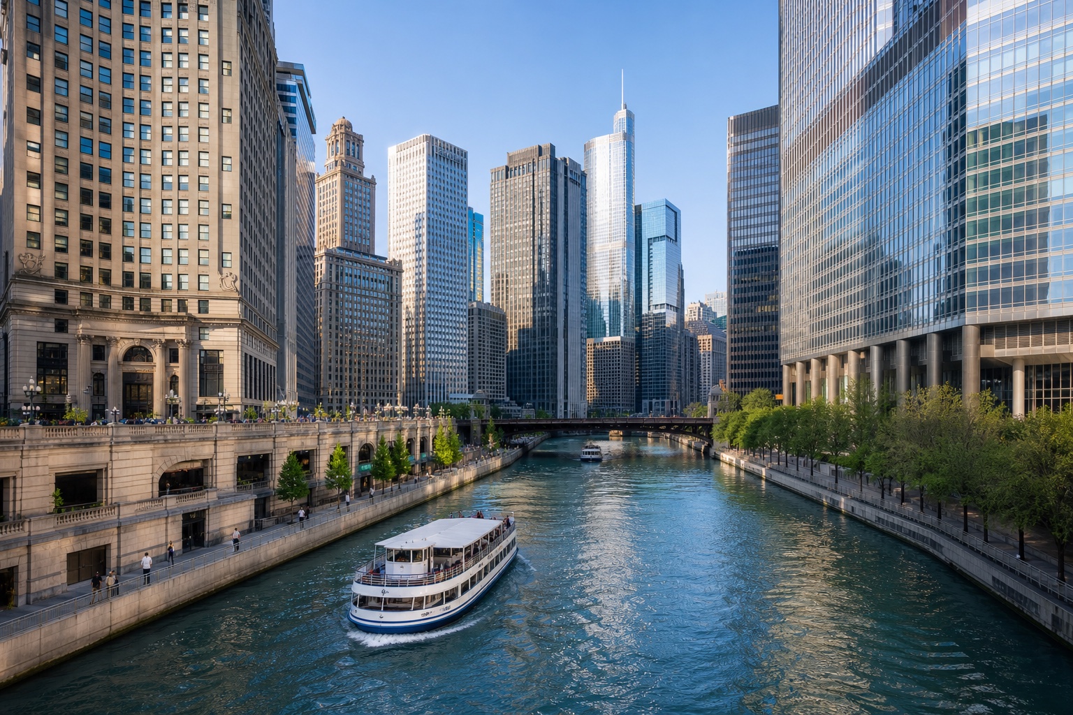 A tour boat moving through the Chicago River between historic and modern downtown towers