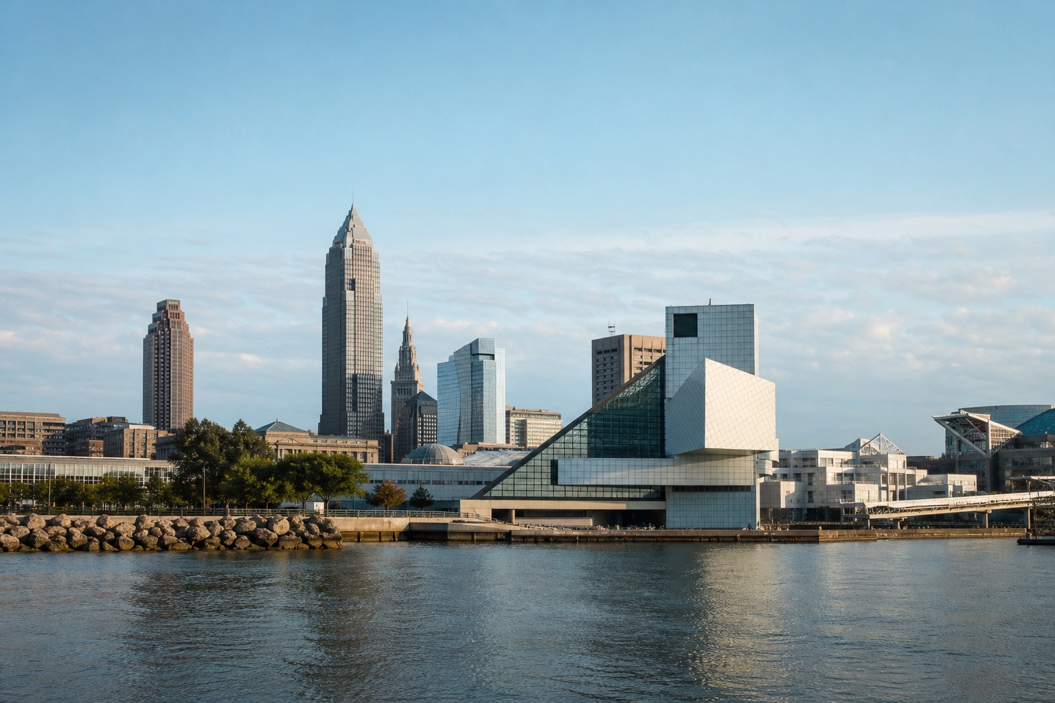 Cleveland skyline and Rock Hall beside Lake Erie in clear natural light