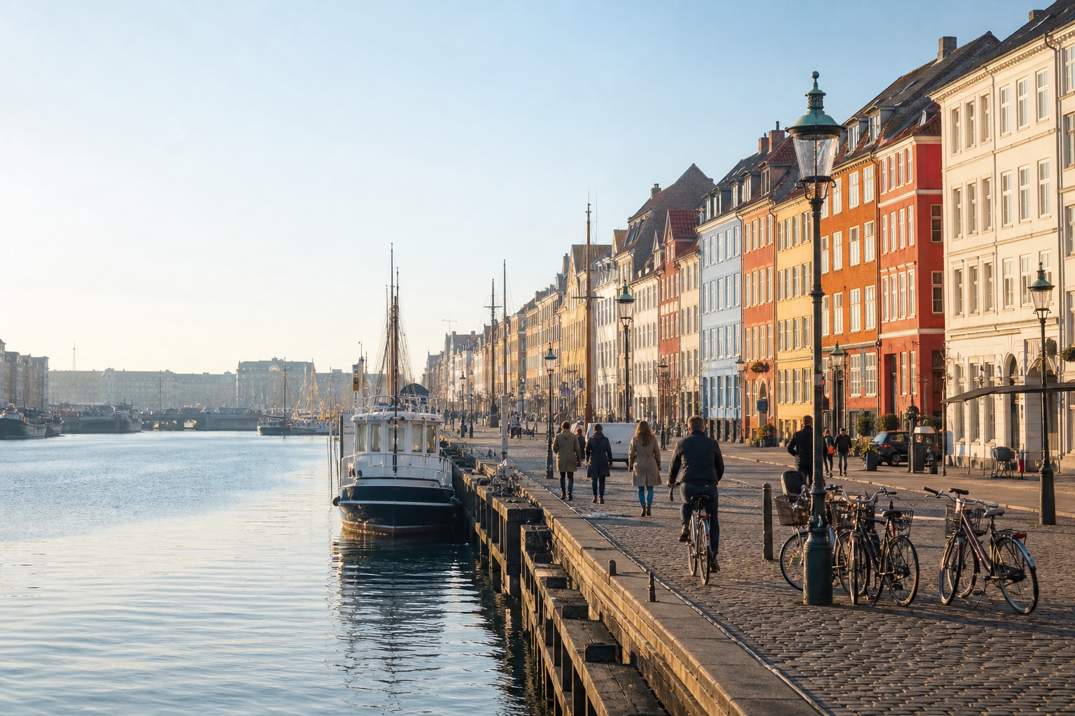 Copenhagen's colorful Nyhavn facades, working harbor, pedestrians, and bicycles in morning light