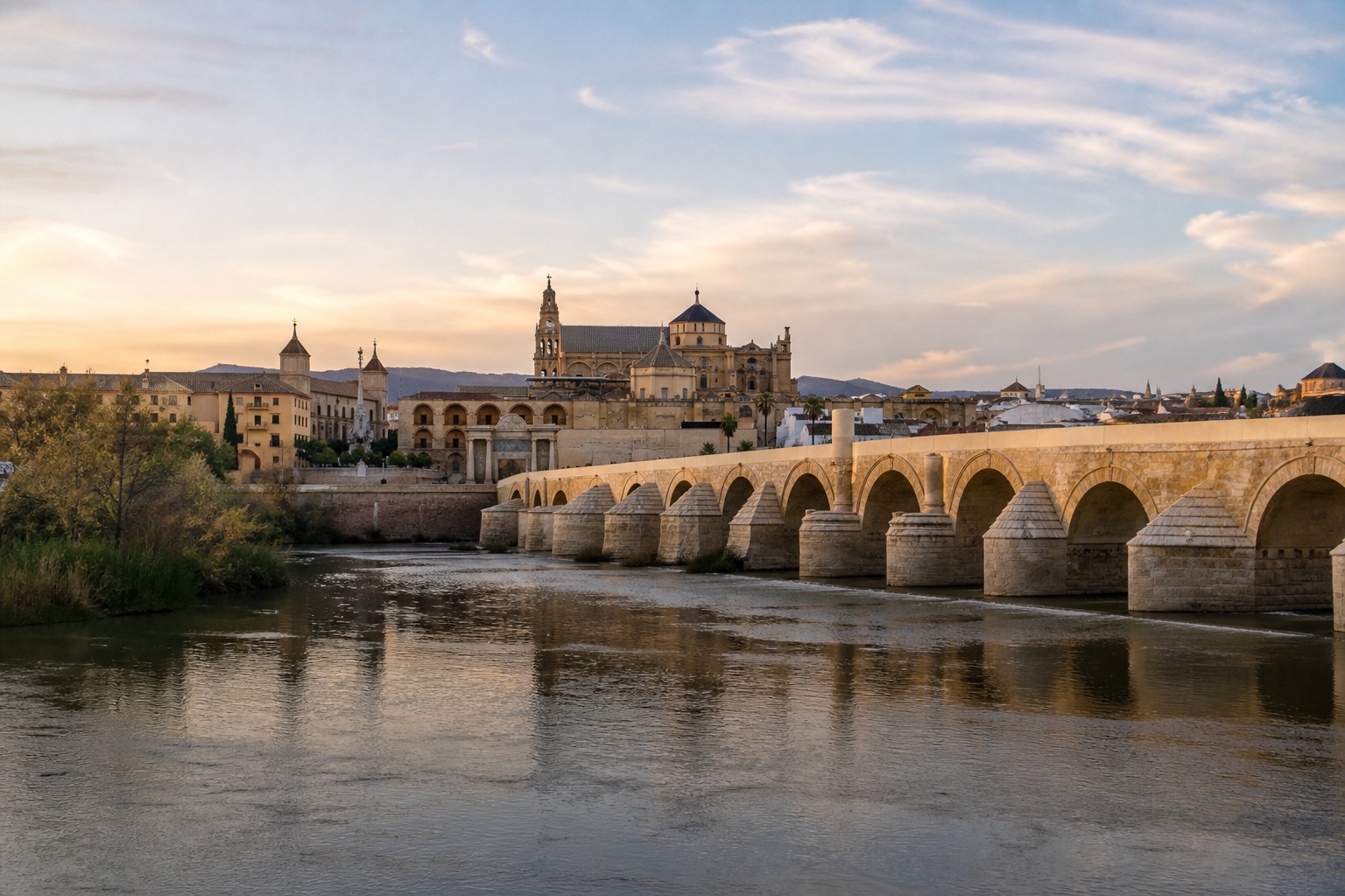 Córdoba Mezquita-Catedral, Roman Bridge, Guadalquivir river, and old city at dawn