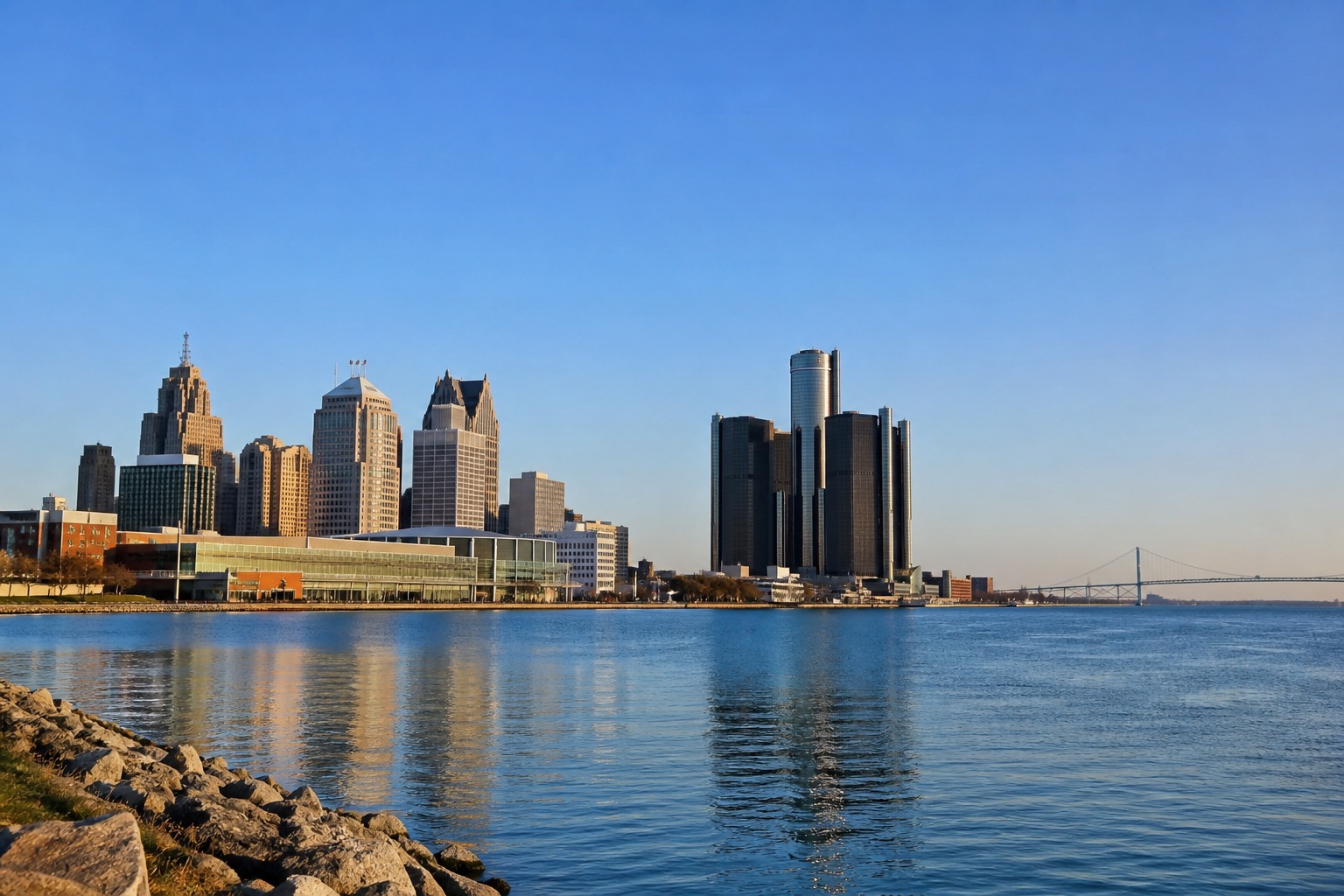 Detroit riverfront and downtown architecture with the Ambassador Bridge in the distance