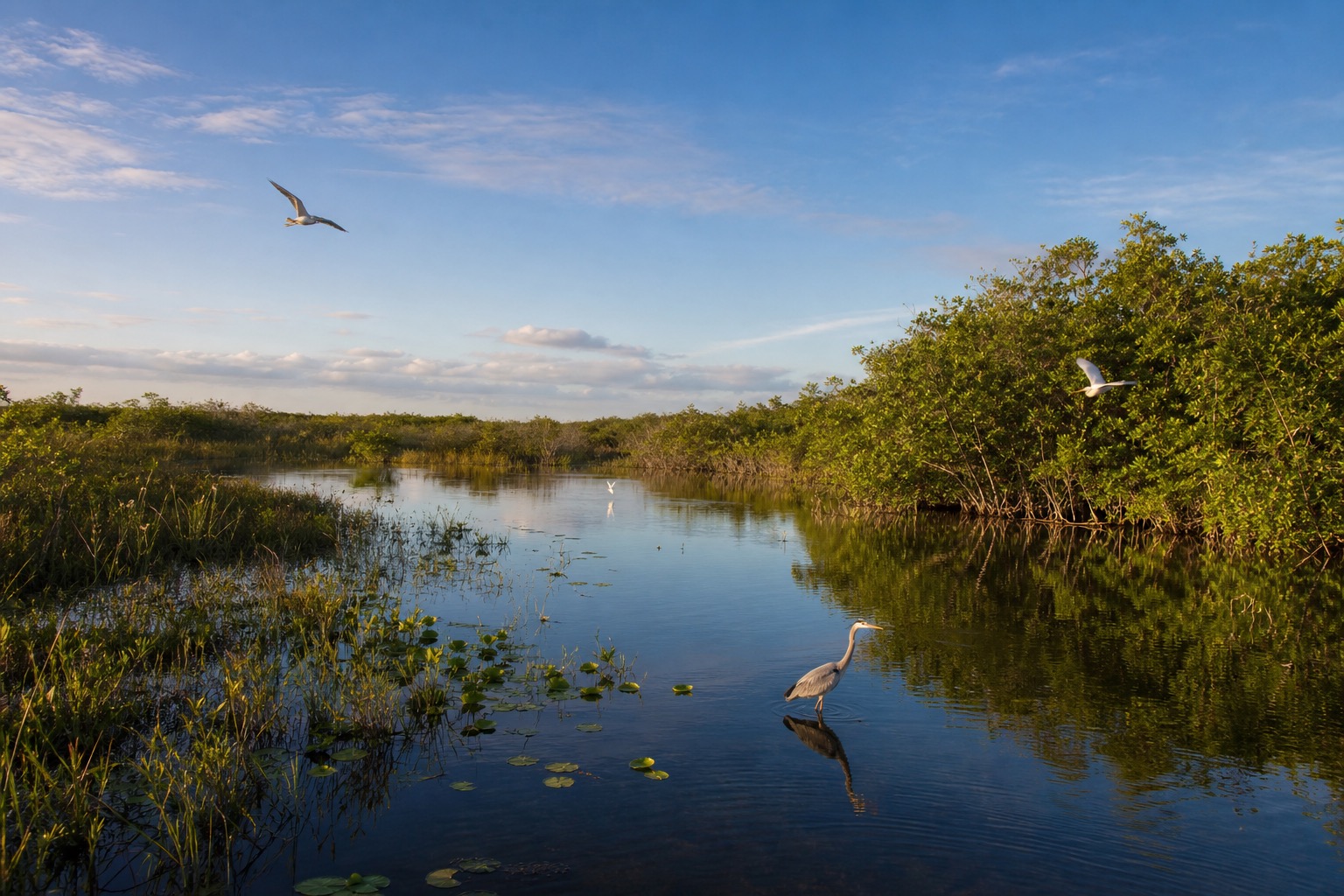 Everglades sawgrass wetland and mangrove waterway with native birds in natural morning light