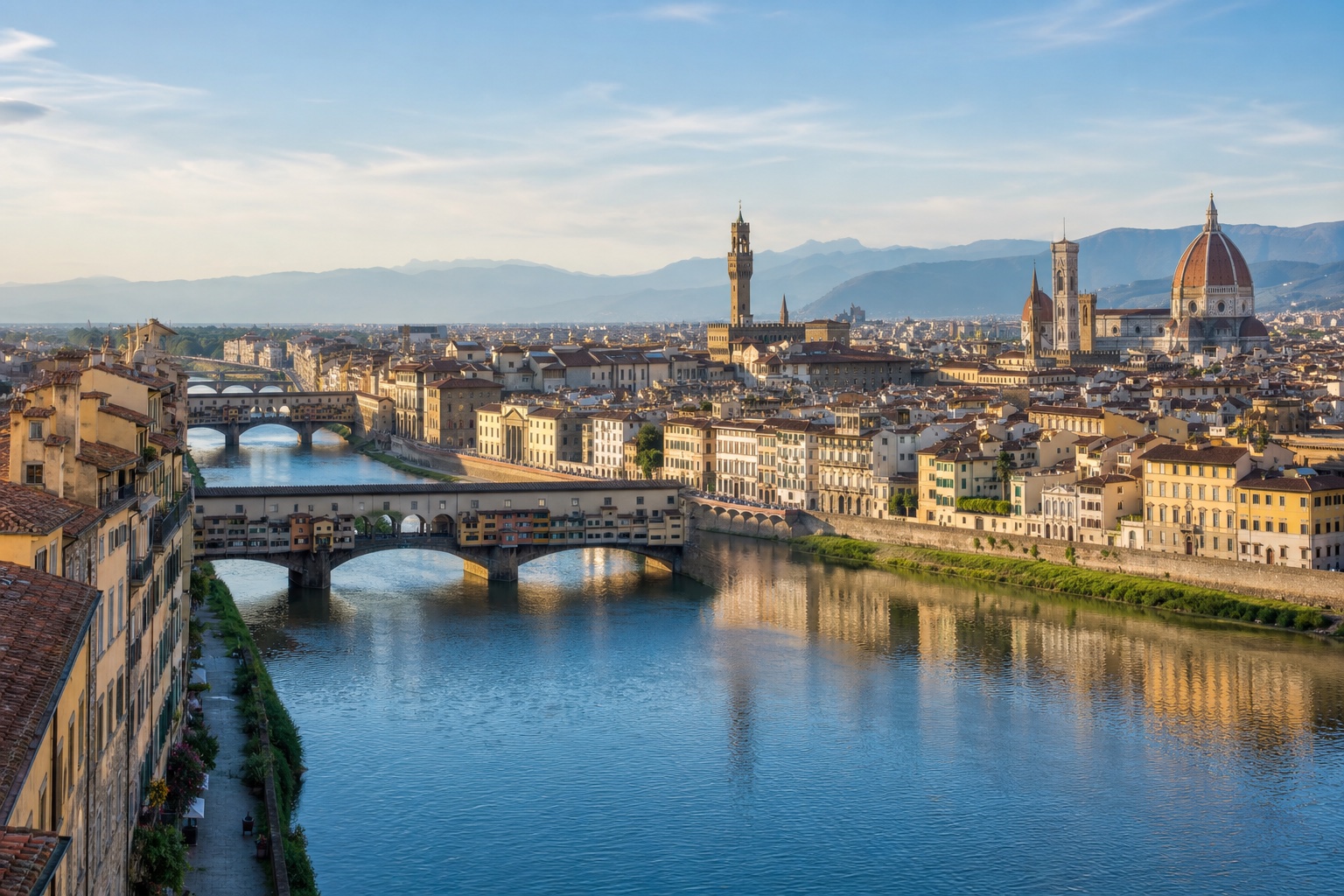 Ponte Vecchio, the Arno, and Florence's Renaissance skyline in morning light