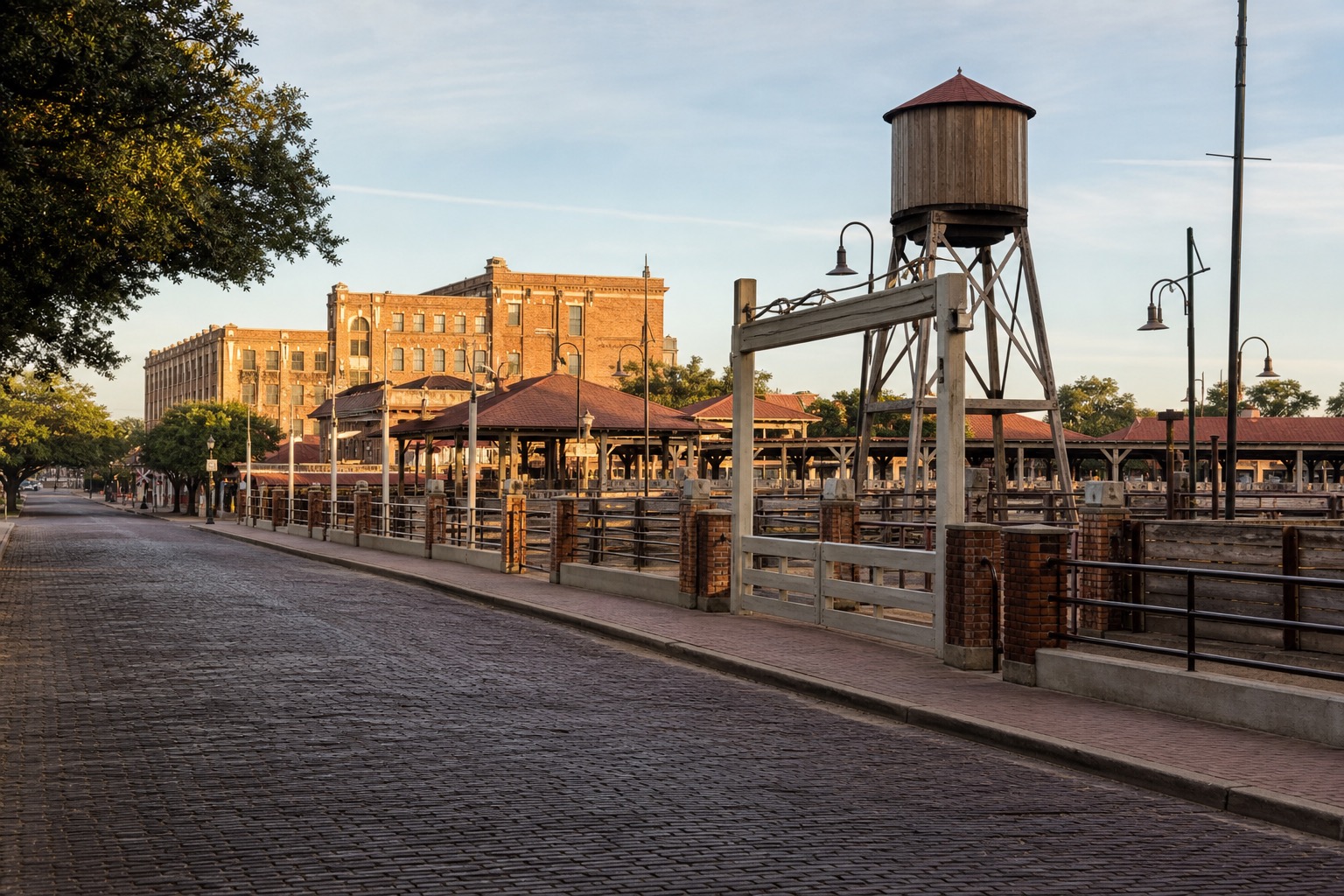 Fort Worth Stockyards historic brick streets and cattle pens in warm natural morning light