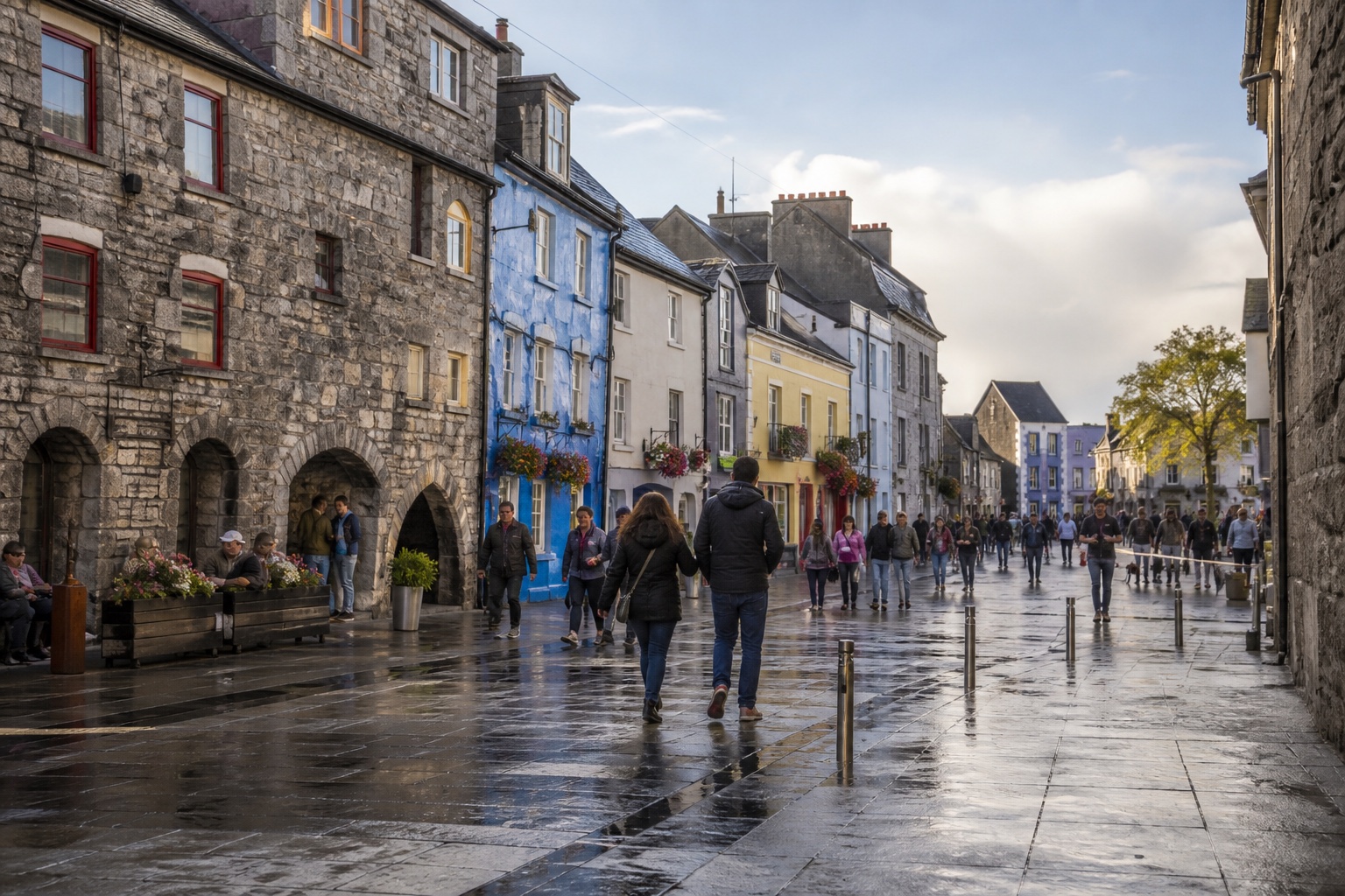 Galway's colorful Latin Quarter, wet stone streets, pedestrians, and Atlantic light