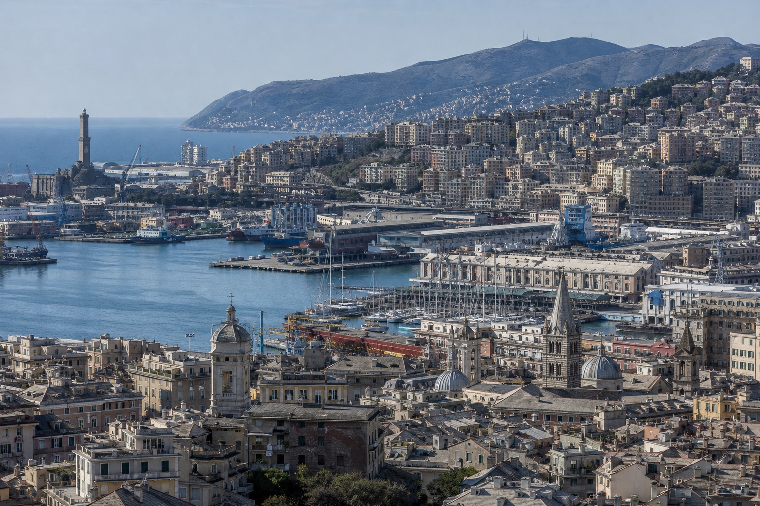 Genoa's historic port, dense hillside city and Lanterna under clear Ligurian daylight