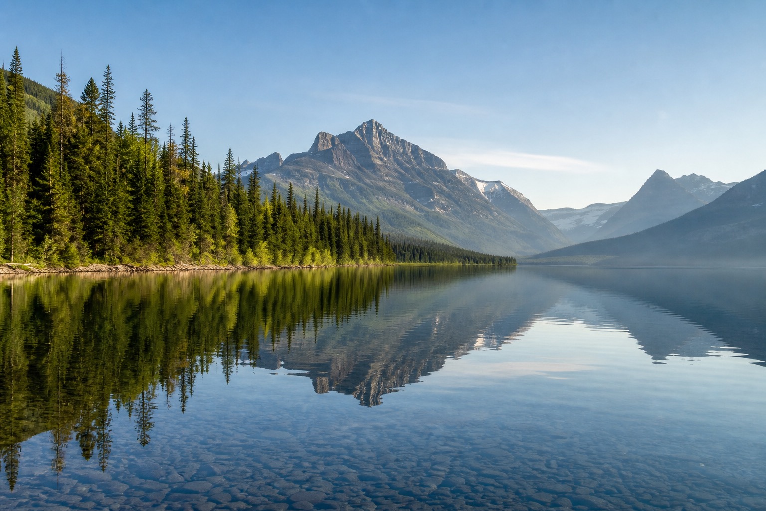 Lake McDonald and Glacier National Park peaks reflected in clear alpine water