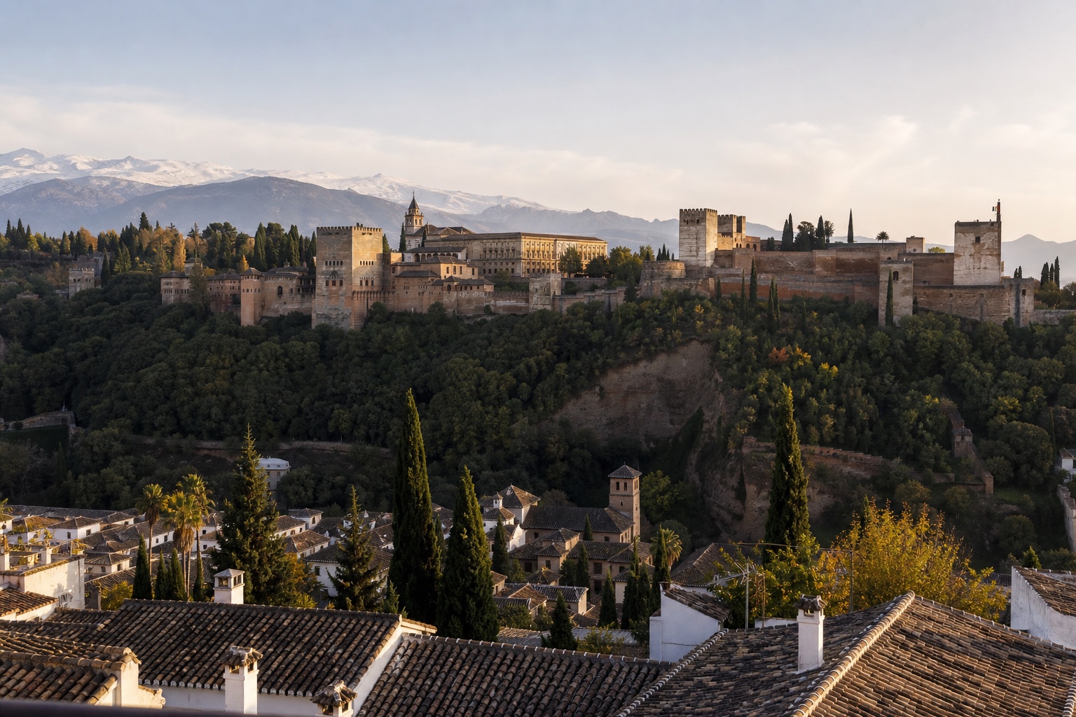 The Alhambra above Granada with the Sierra Nevada beyond in warm evening light