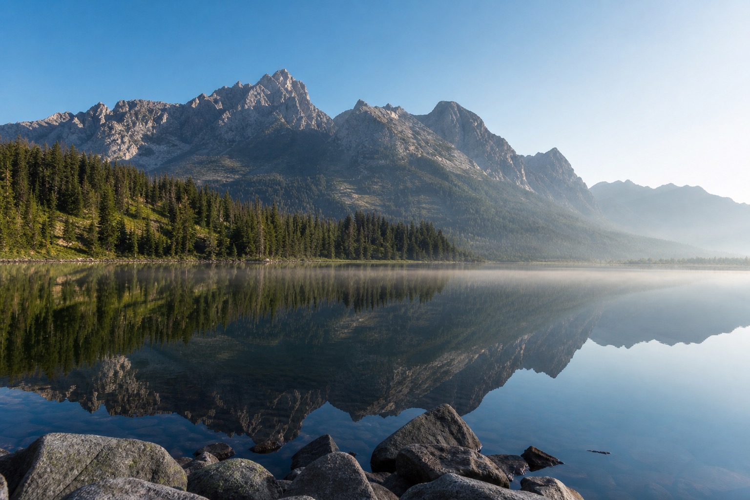 Grand Teton peaks reflected in Jenny Lake under clear natural morning light