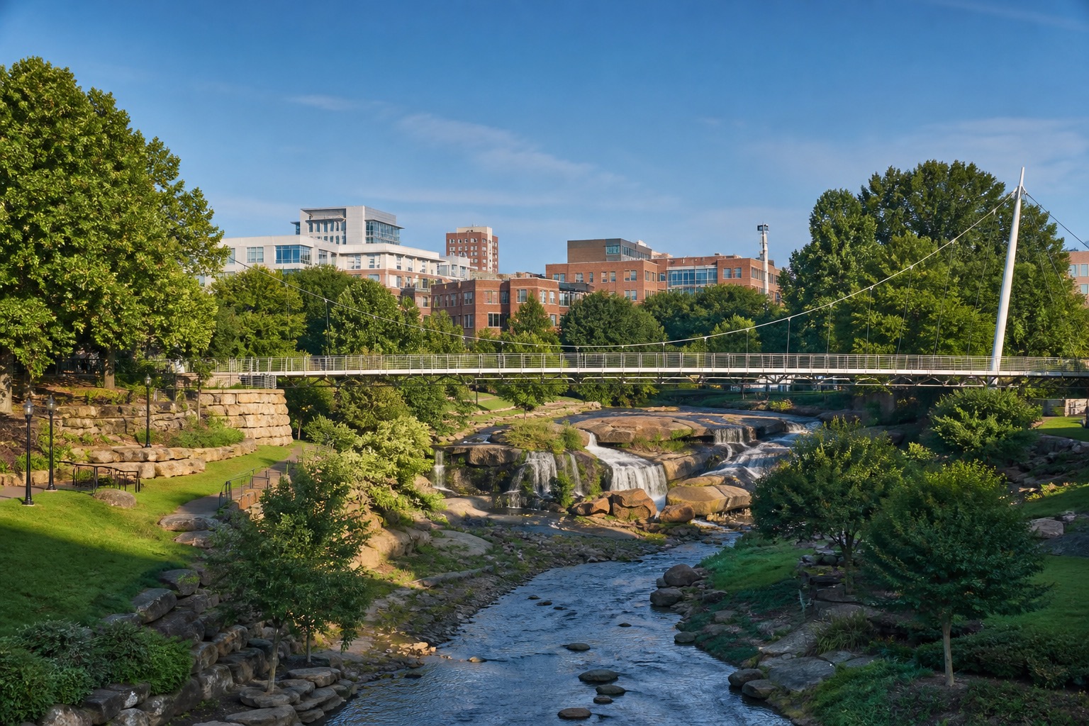 Greenville South Carolina Falls Park and Liberty Bridge amid green river gardens
