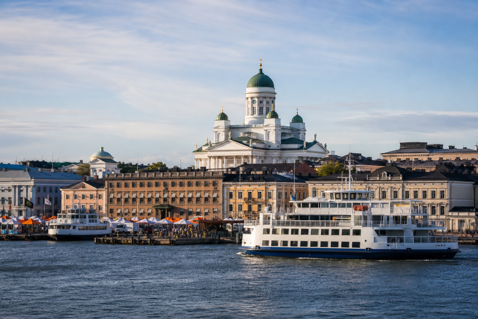 Helsinki Cathedral, Market Square waterfront, ferries, and Baltic harbor in clear Nordic light