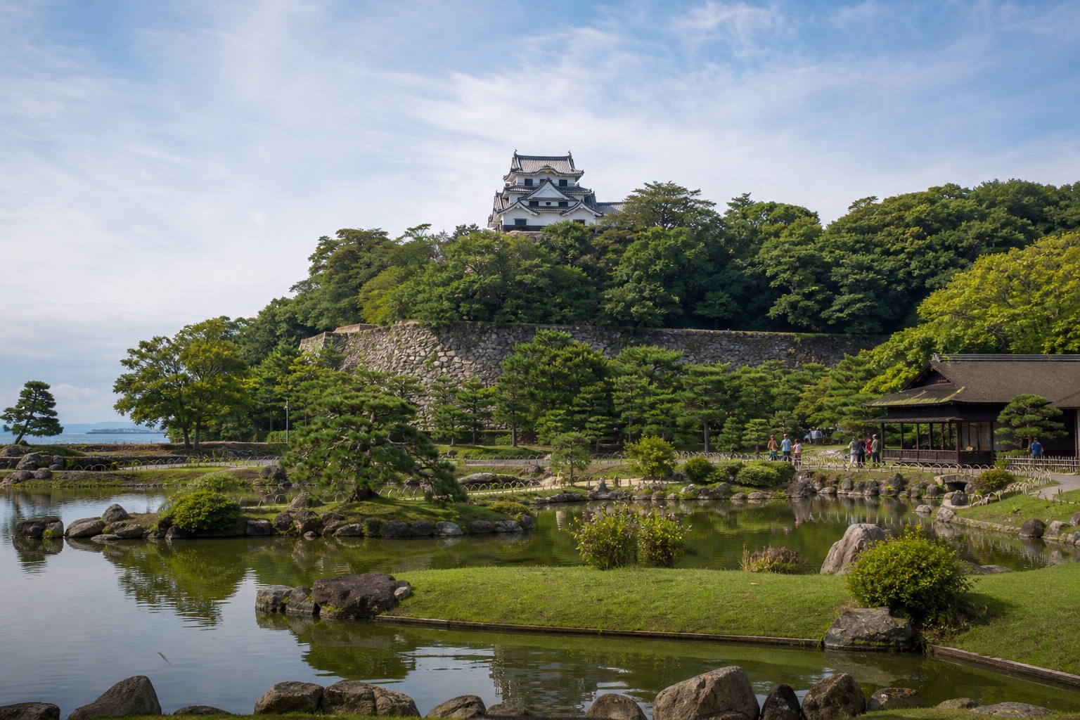 Hikone Castle's original keep above stone walls with Genkyu-en garden and Lake Biwa landscape