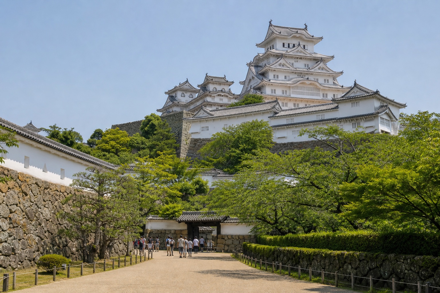 Himeji Castle's white keep rising above its stone walls and green grounds in clear morning light