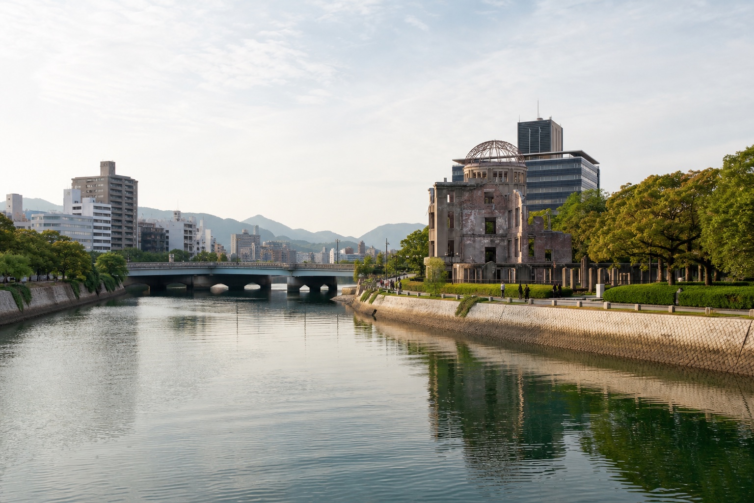 The Atomic Bomb Dome beside the Motoyasu River within present-day Hiroshima