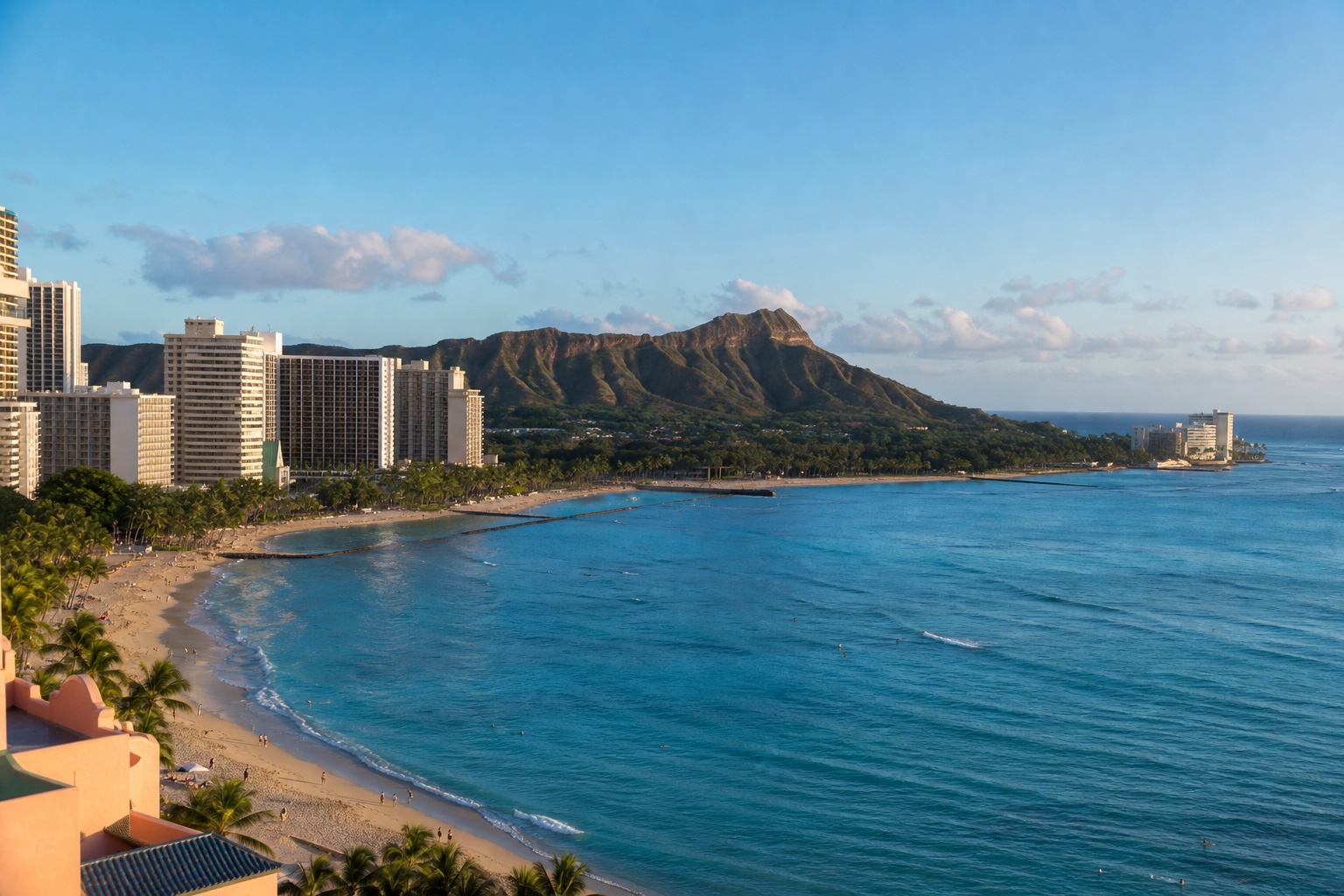 Waikīkī Beach and Honolulu's shoreline leading toward Lēʻahi in clear morning light