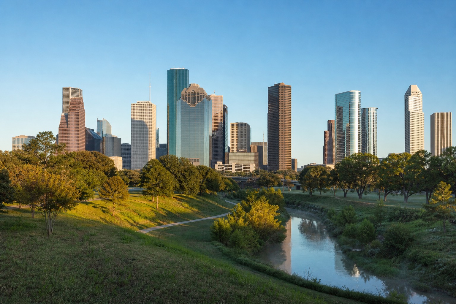 Houston Museum District and skyline with green parkland in clear morning light