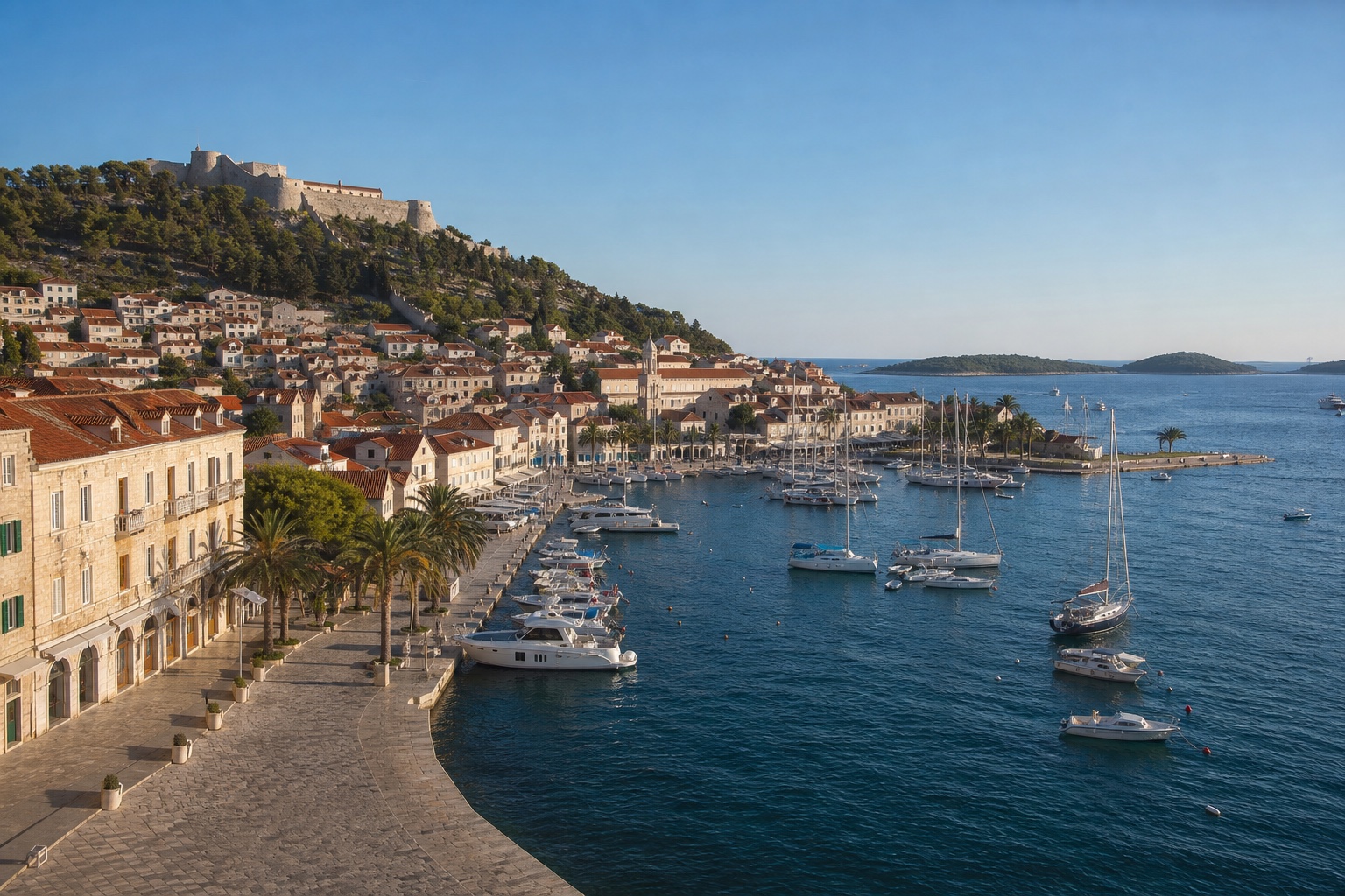 Hvar Town harbor, stone waterfront, fortress, and Pakleni Islands in clear Adriatic light