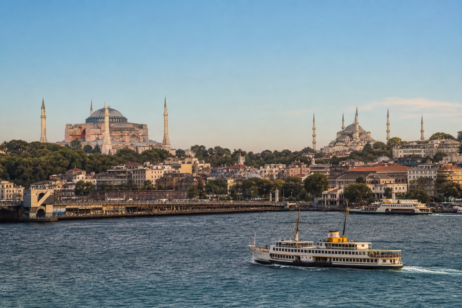 Hagia Sophia, the Blue Mosque, Istanbul's historic skyline, and a Bosphorus ferry