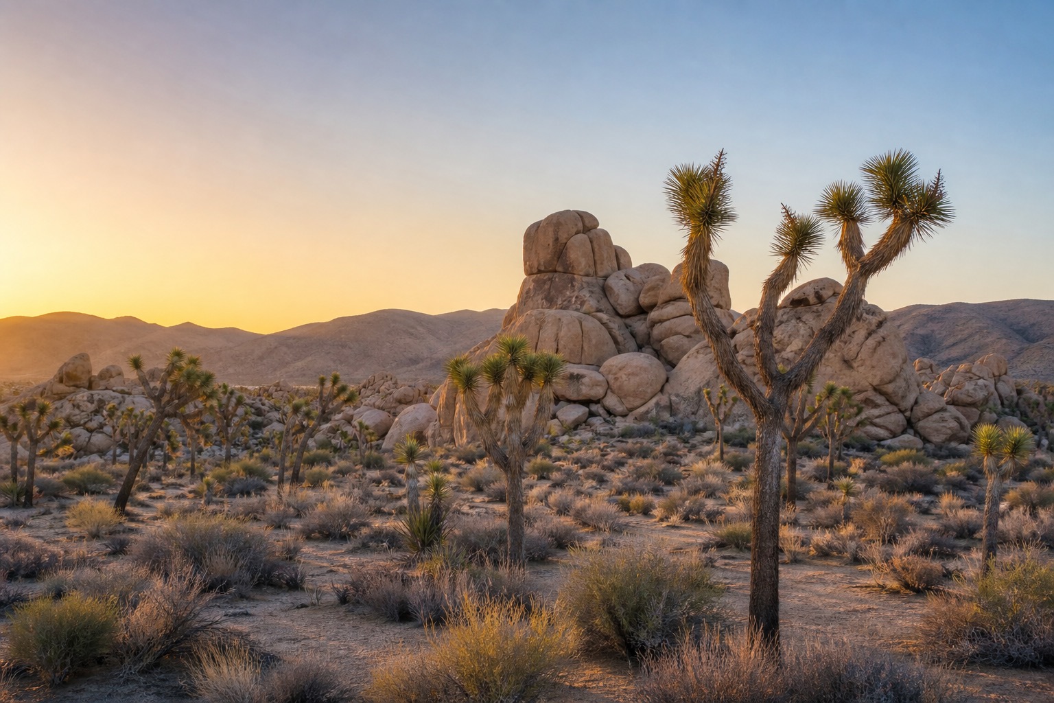 Joshua Tree National Park boulder formations and Joshua trees beneath clear desert dawn light
